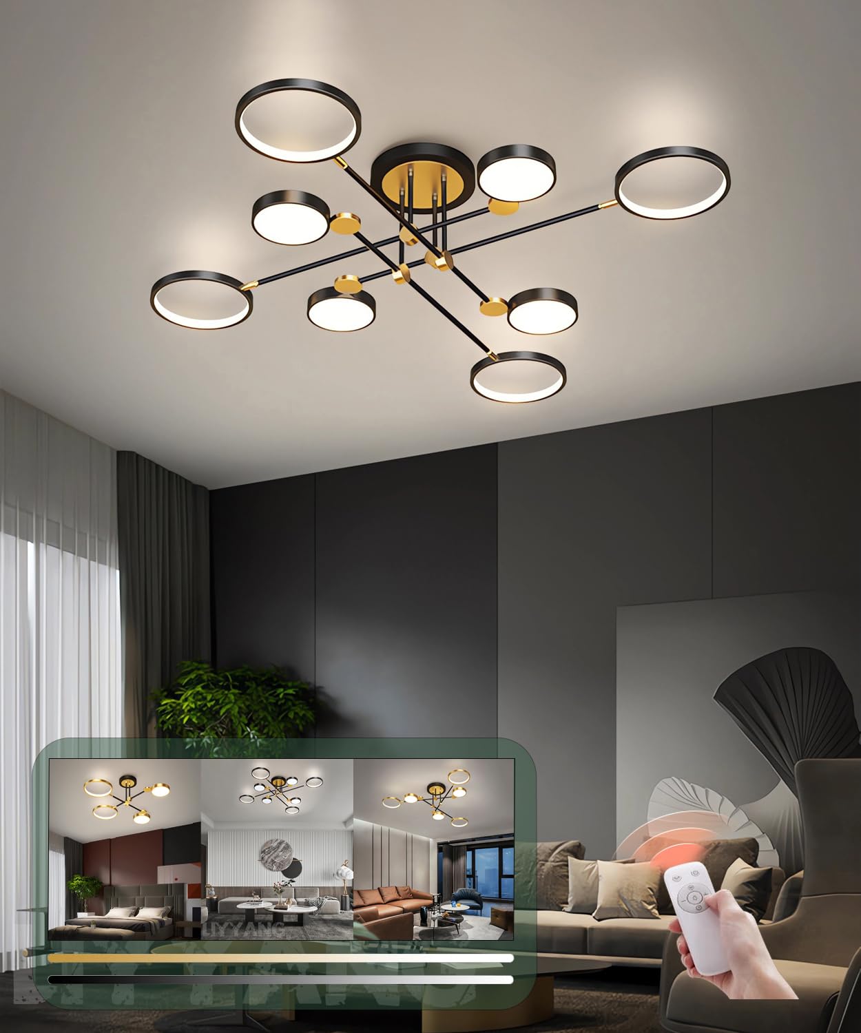 LIYYANG Modern LED Ceiling Light 8 Heads Dimmable Living Room Ceiling Light Bedroom Ceiling Lamp for Office Kitchen Dining Room Chandelier (Black, 8 Heads)