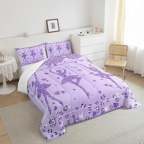 Miniatura 4 de Erosebridal Juego de edredón de bailarina de ballet con purpurina morada, juego de ropa de cama de ballet clásico para bailarinas, niñas y mujeres,