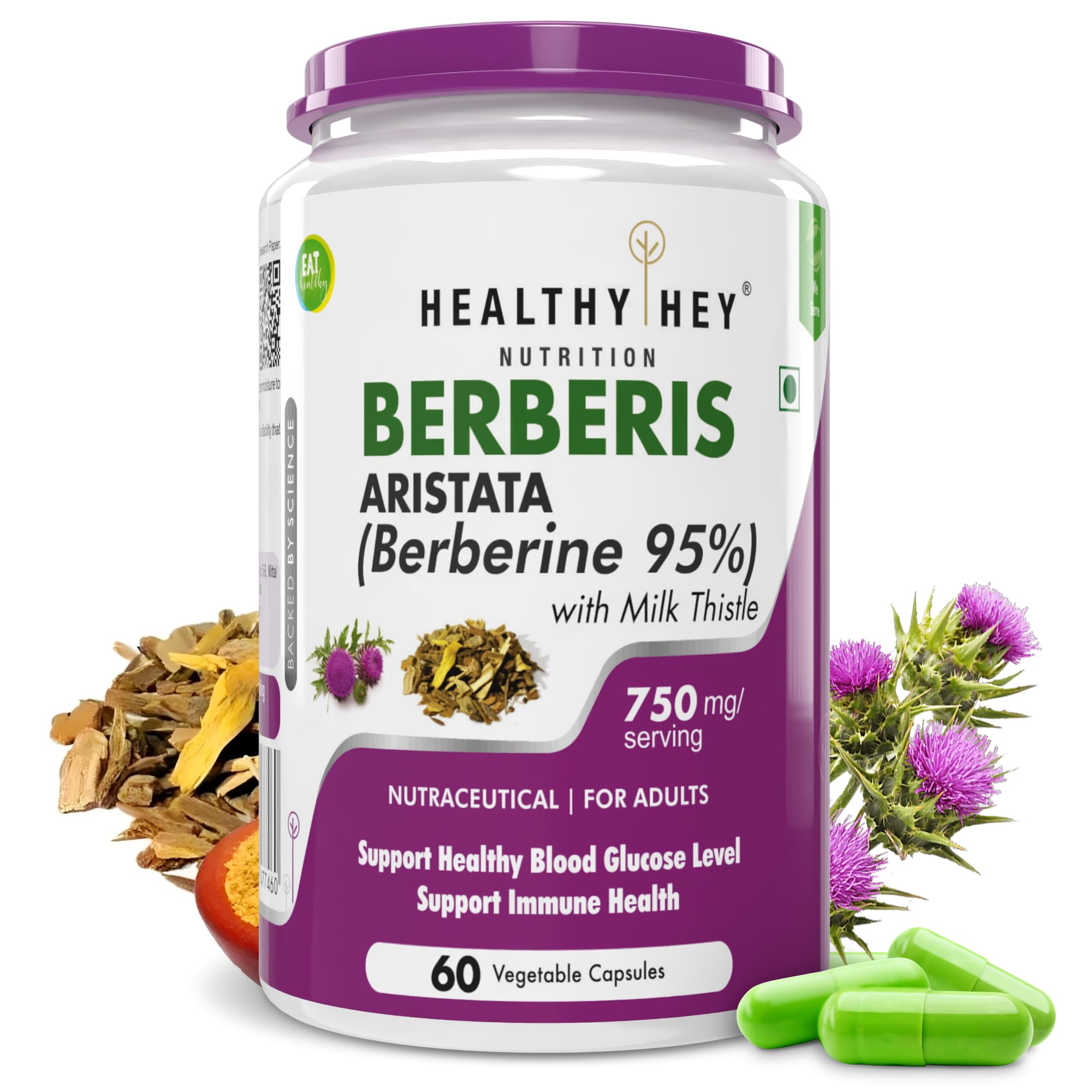 HealthyHey Berberis - Berberine 95% - Support Weight Management & Healthy Glucose Levels - 750 mg Veg. 60 Capsules