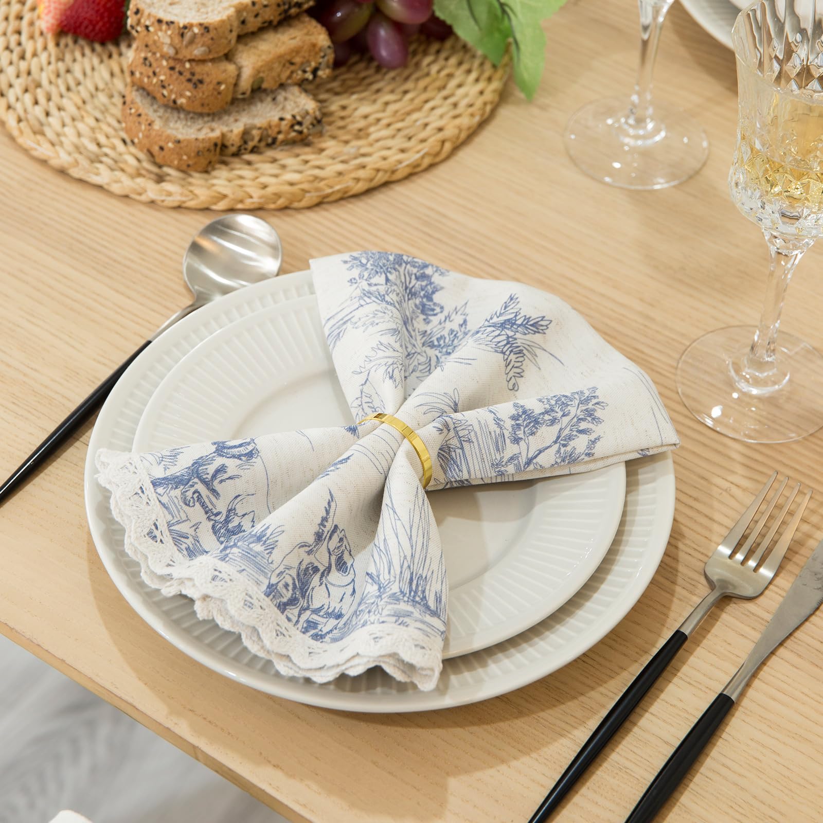 Glory Season Blue Classic French Village Printed Linen Fabric Cloth Reusable Napkin With Elegant Lace Washable Cloth Dinner Napkins 6 Pack 18X18 Inch Soft,Natural For Dinners,Parties,Wedding,Everyday Use