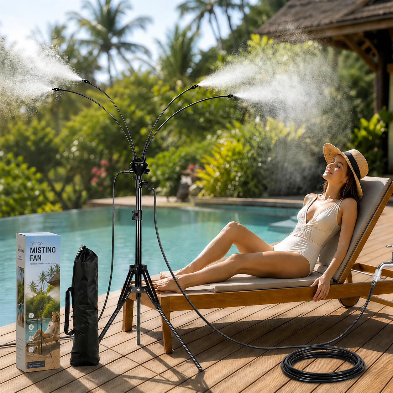 Brumisateur d'eau d'extérieur avec pied, nébuliseur portable pour refroidissement en plein air, avec tuyau de brumisation de 7,9 m et hauteur de 1,62 m, pour jardin, piscine, barbecue, irrigation et
