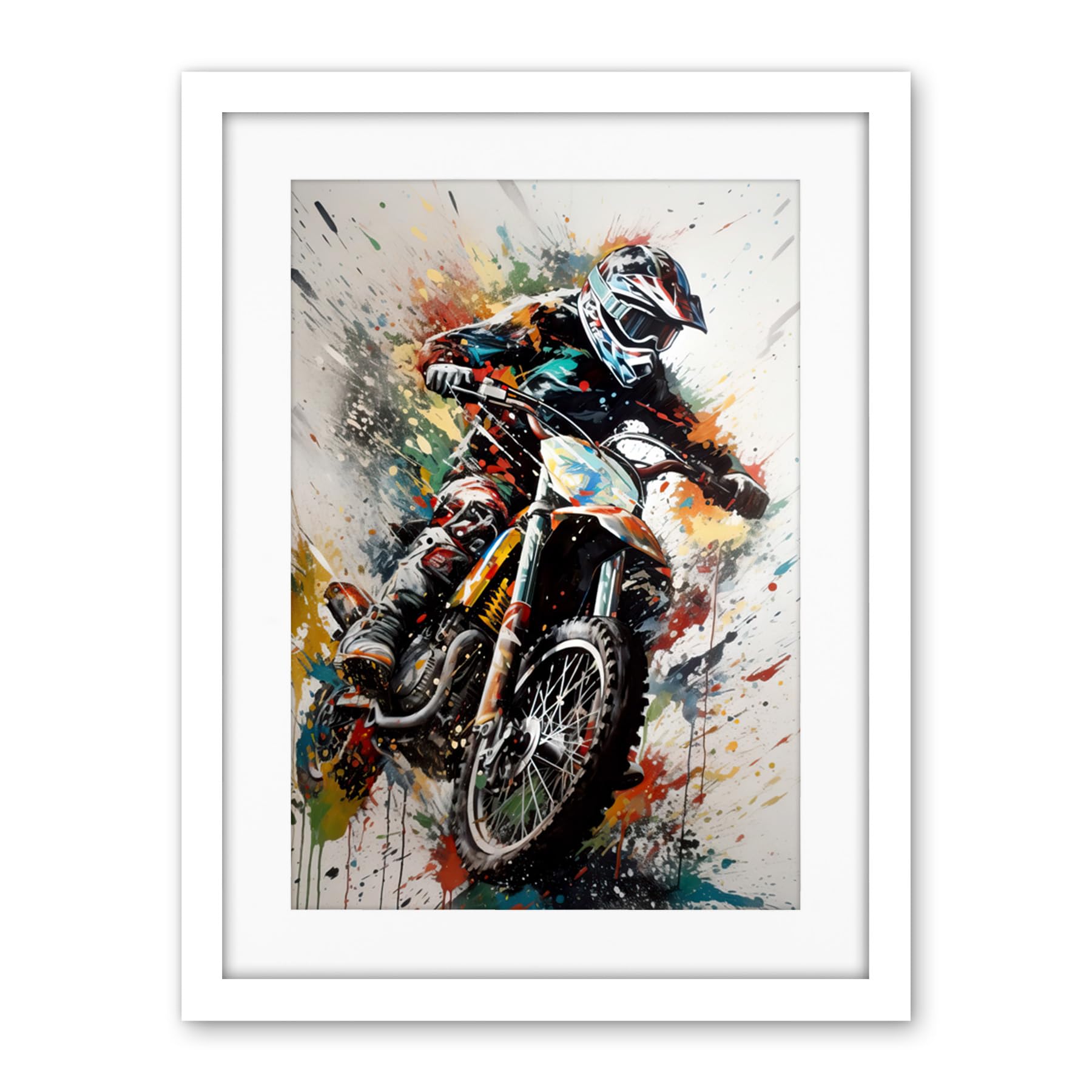 Artery8 Motocross Racer Paint Splat Action Shot Portrait Artwork Framed Wall Art Print 18X24 Inch