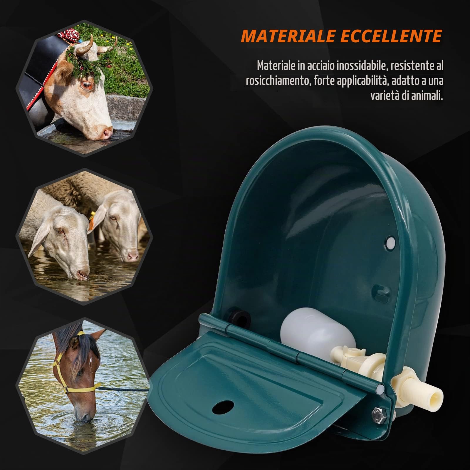 Abbeveratoio Automatico In Acciaio Inox con Valvola a Galleggiante Regolabile e Foro di Scarico Per Abbeveratoi Per Cavalli, Bovini, Capre, Pecore e Cani (Verde Scuro)