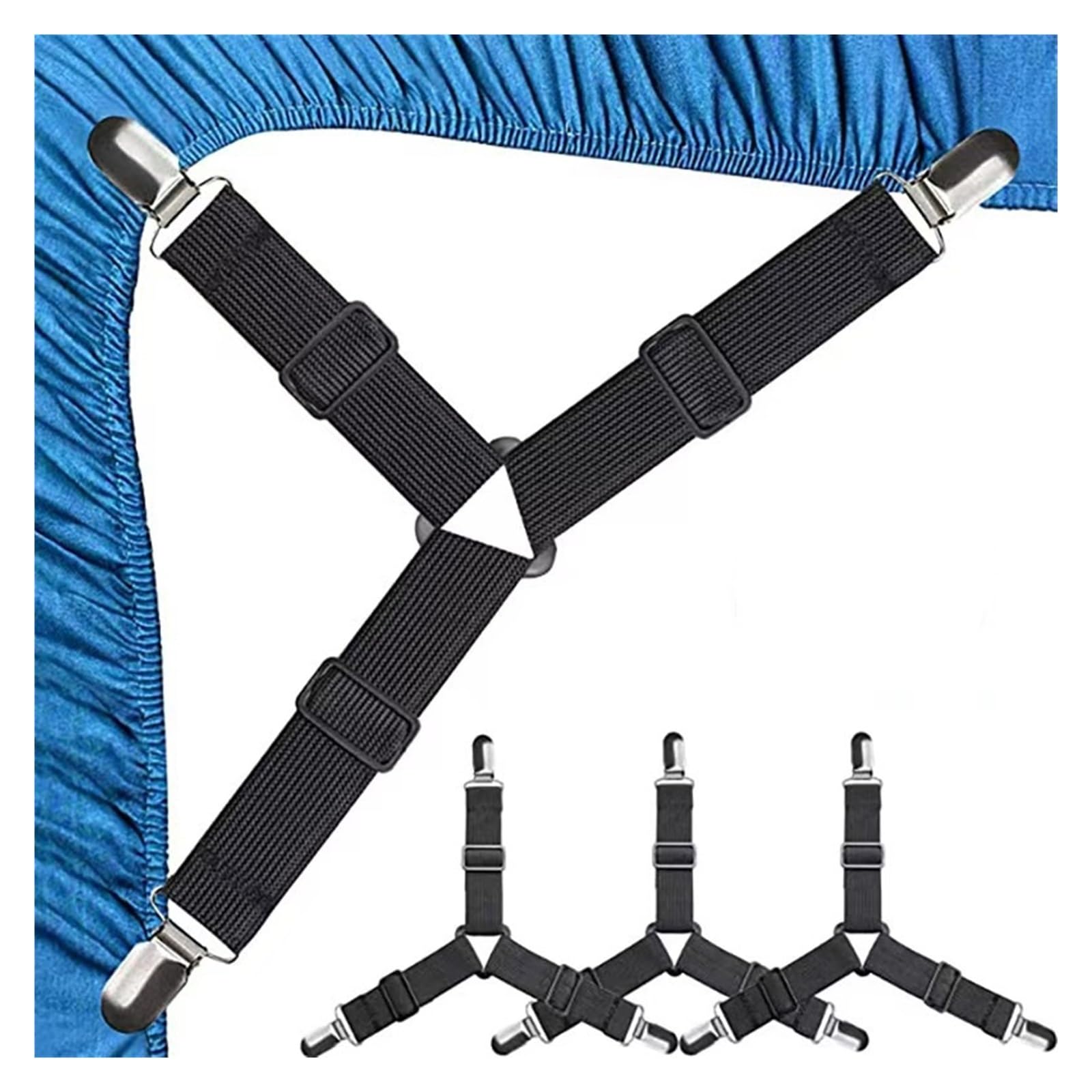 GSJNHY Bed Sheet Grippers Belt Universal Bed Sheet Fixed Holder High Elastic Adjustable Crisscross Fastener Straps Kits Non-Slip Sofa Cover Clips for Bedding(4pcs Black)