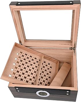CIGAROL Small Cigar Humidor Cabinet with 2 Tiers & External Accessory Drawer - Spanish Cedar Wood for Sophisticated Storage