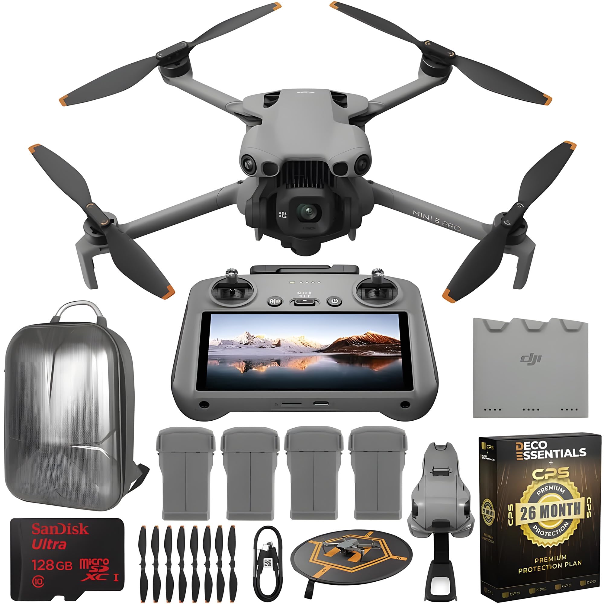 Mini 5 Pro Drone Fly More Combo with RC 2, 1" CMOS Sensor, 4K Video, Obstacle Sensing, 4 Battery Bundle with Deco Essentials CPS Exclusive 26 Month Protection Pack and Accessories Kit