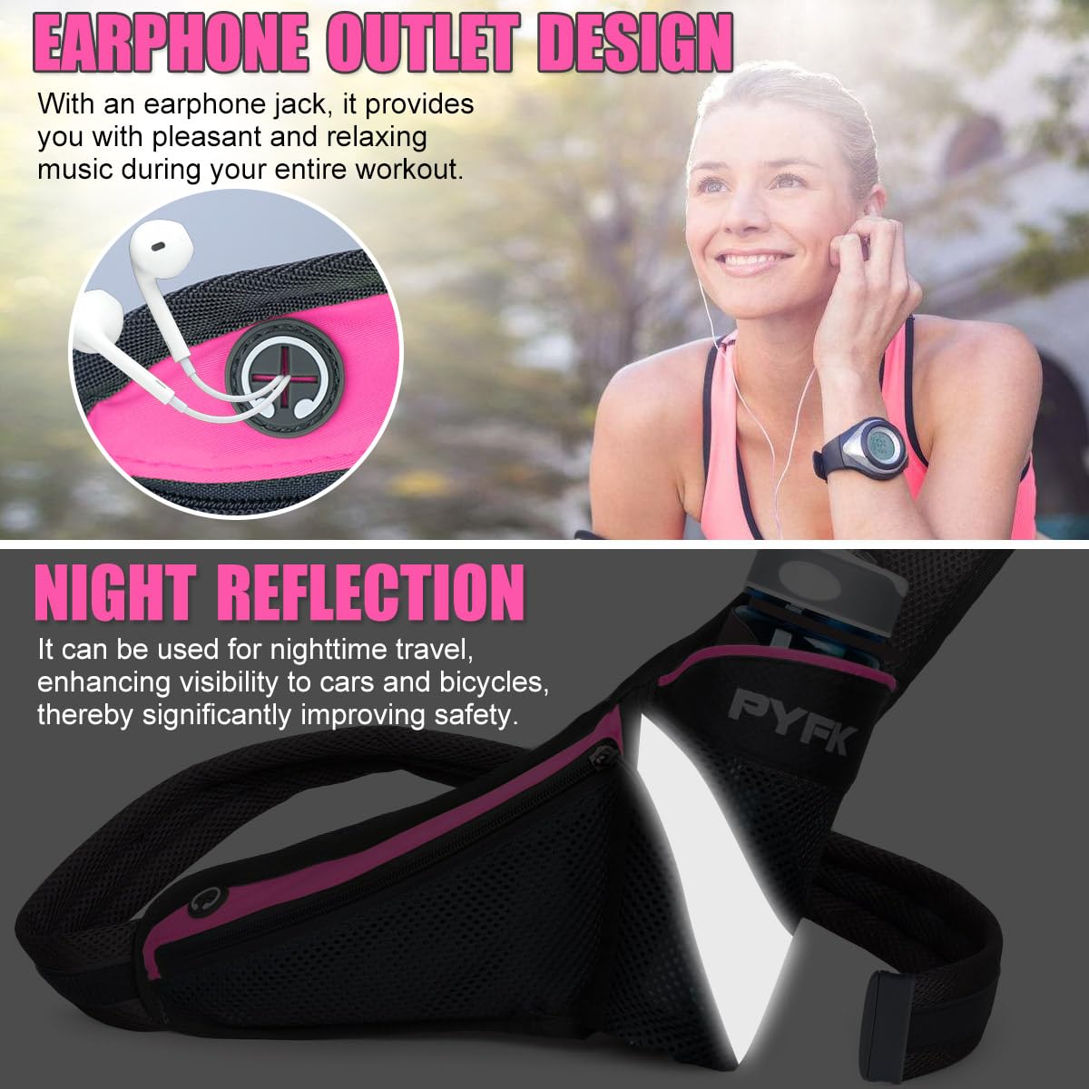 PYFK Riñonera de hidratación para correr con soporte para botella de agua para hombres y mujeres, riñonera reflectante (rosa mejorada)