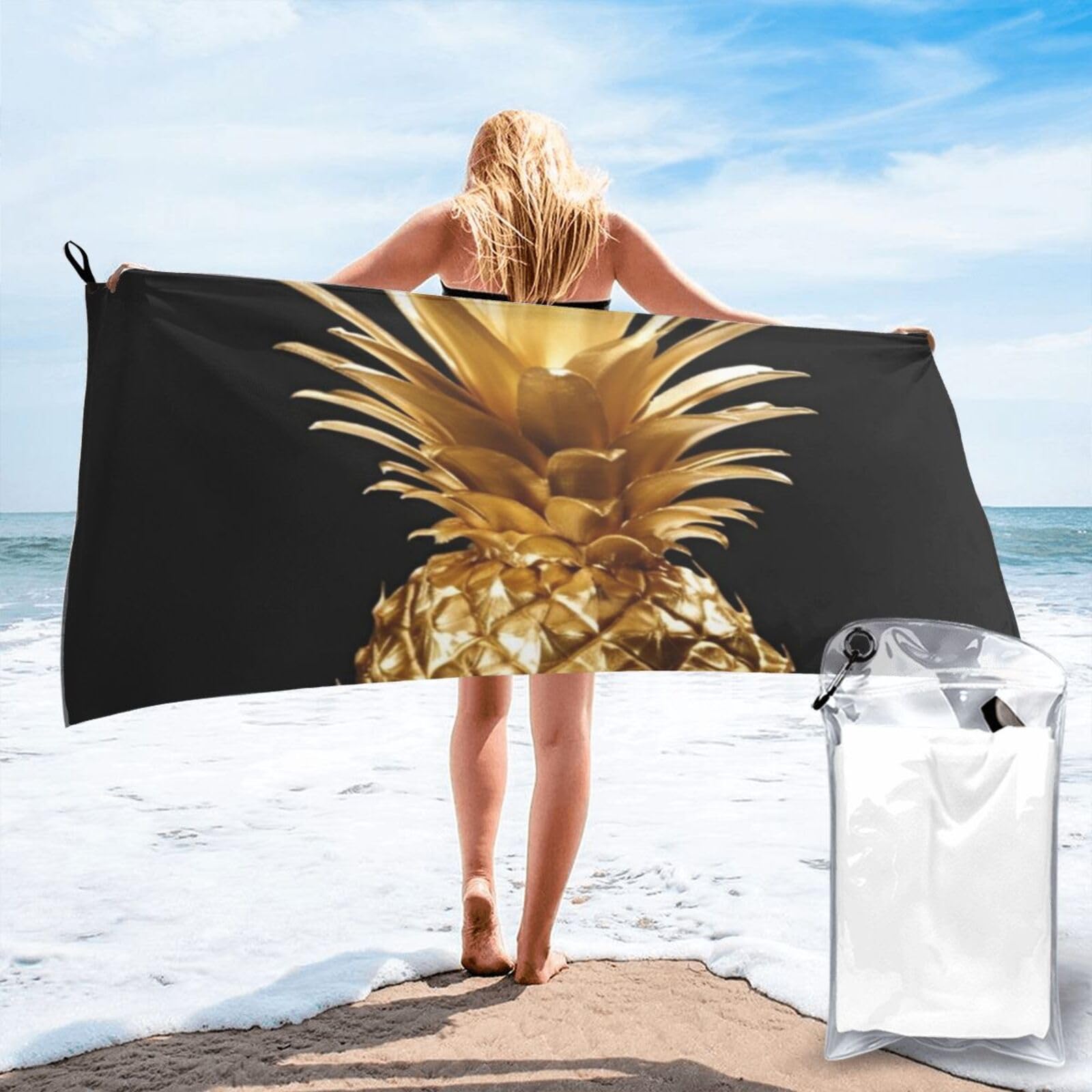DWVTSLH Microfiber Sand Free Beach Towel 27.5"x55", Quick Dry Absorbent Travel Towel Large Camping Blanket, Gold Pineapple Bath Towels Lightweight Pool Swim Towels for Vacation Essentials