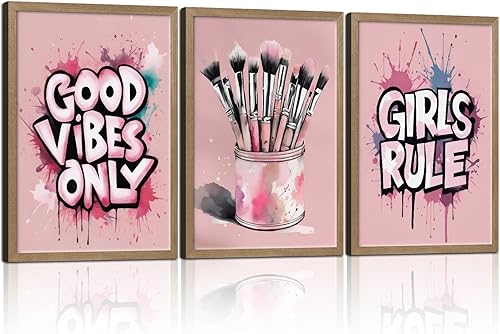 Juego de 3 arte de pared enmarcado para decoración de dormitorio de adolescentes y adolescentes, cuadros de pared de color rosa acuarela con frases