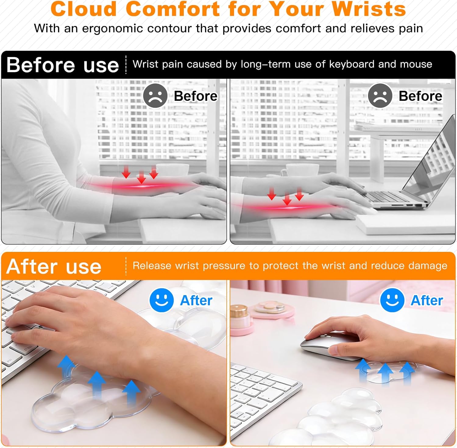 Keyboard Wrist Rest for Computer Keyboard, Cloud Mouse Keyboard Pad Set with Hand Wrist Support, Non Slip Gel Pain Relief Cute Desk Decor Accessories for Office Home Laptop Gaming Typing (Clear)