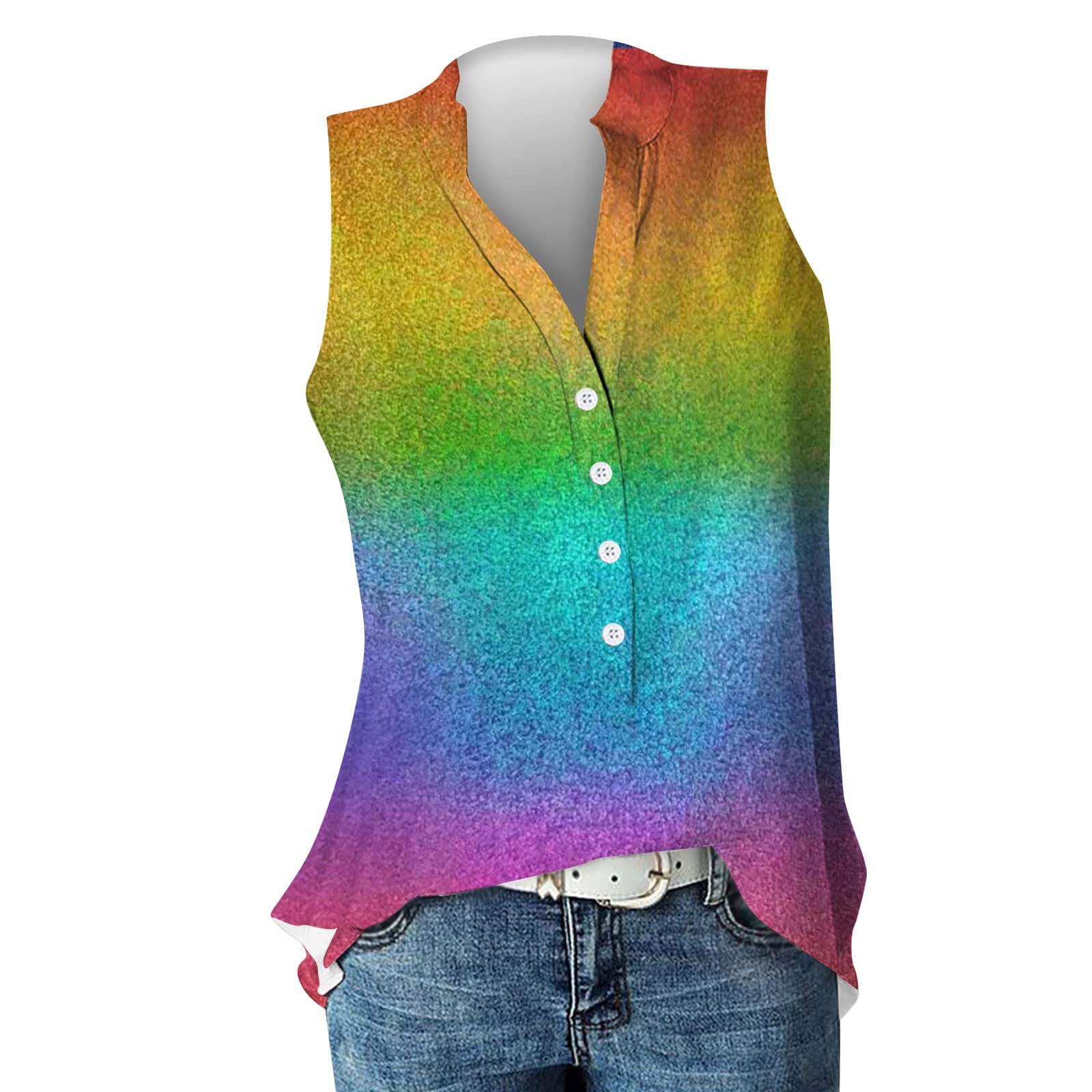 Summer T Shirts for Women 2023 Button Down V Neck Gradient Casual Blouses Sleeveless Trendy Classic Tank Tops