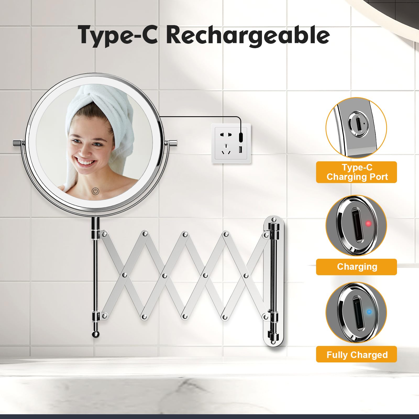 Specchio Cosmetico Ricaricabile USB con Illuminazione, Ingrandimento 1x/10x, Specchio da Barba Dimmerabile, 3 Colori, Specchio da Trucco Touchscreen, Girevole a 360°, Specchio da Parete per Bagno