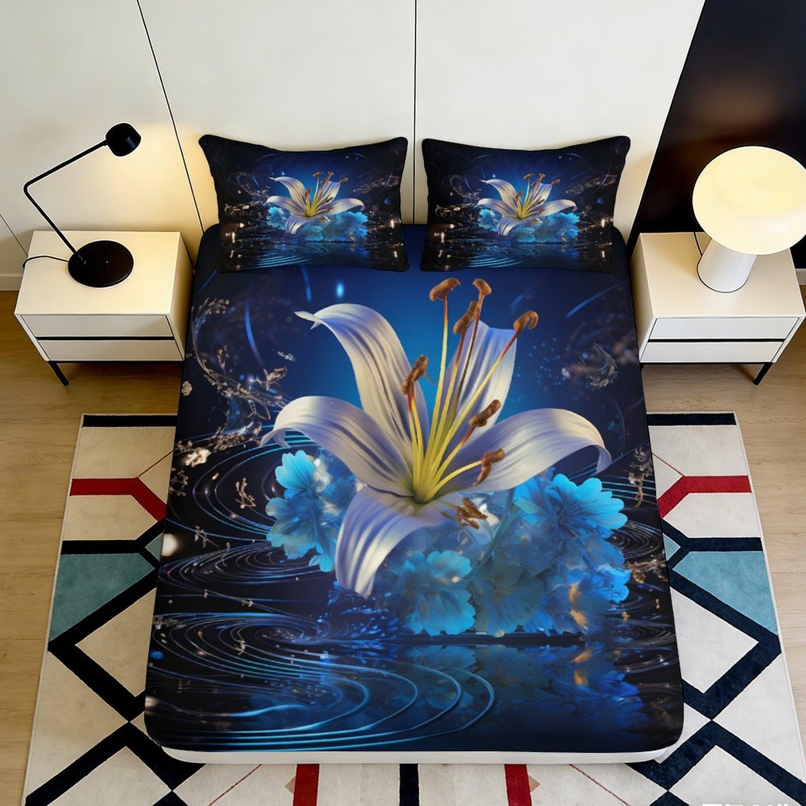 3D Printed Blue Lily Fitted Sheet Microfiber Soft Breathable Floral Bed Cover for Bedroom Dormitory Guest Room Mattress Protection and Decor 200x200x25cm