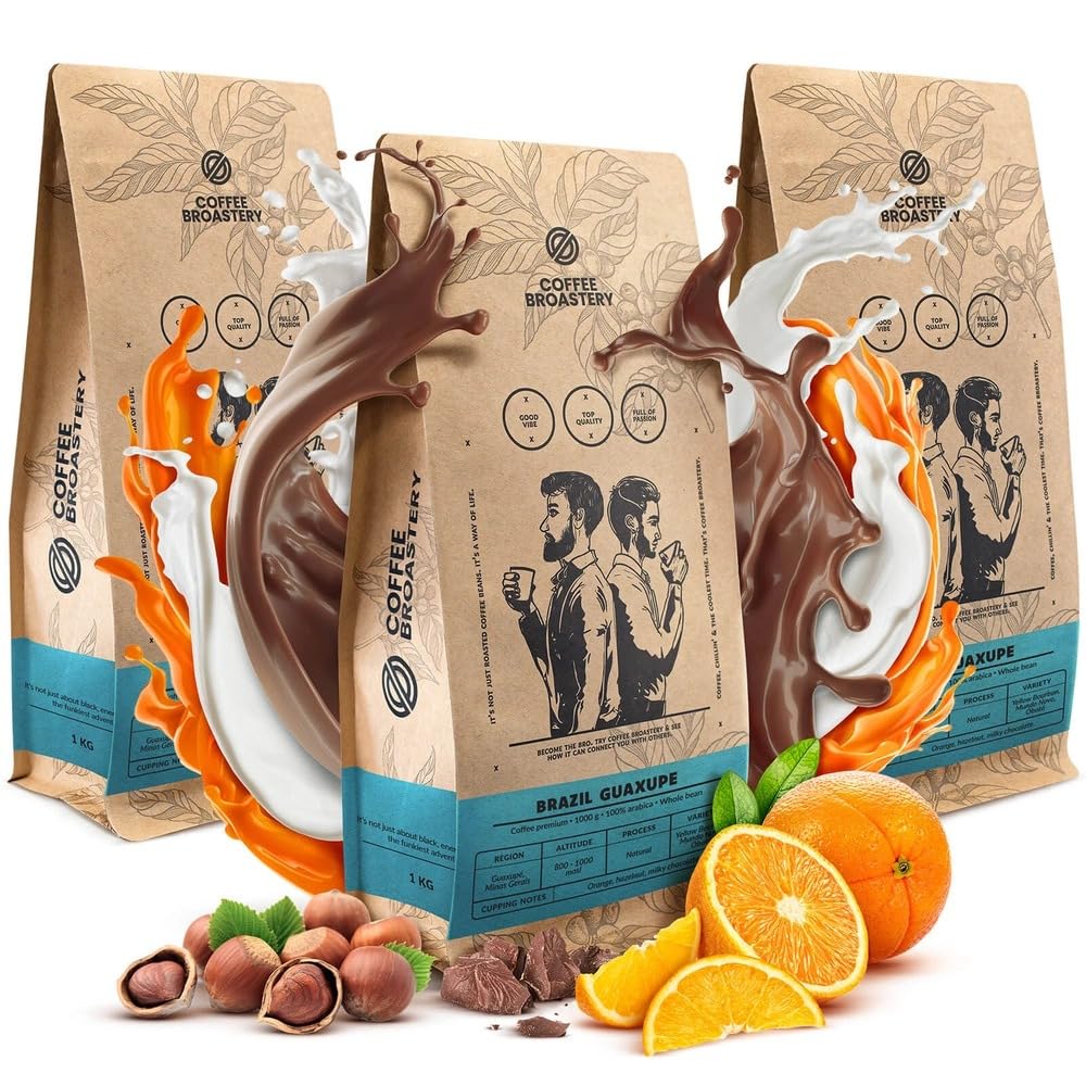 Coffee Broastery Brazil Guaxupe – Lot de 3x1kg Café en Grains du Minas Gerais – Notes Chocolat au Lait, Noisette et Orange – Torréfaction Artisanale pour Espresso et Cappuccino – 100% Arabica