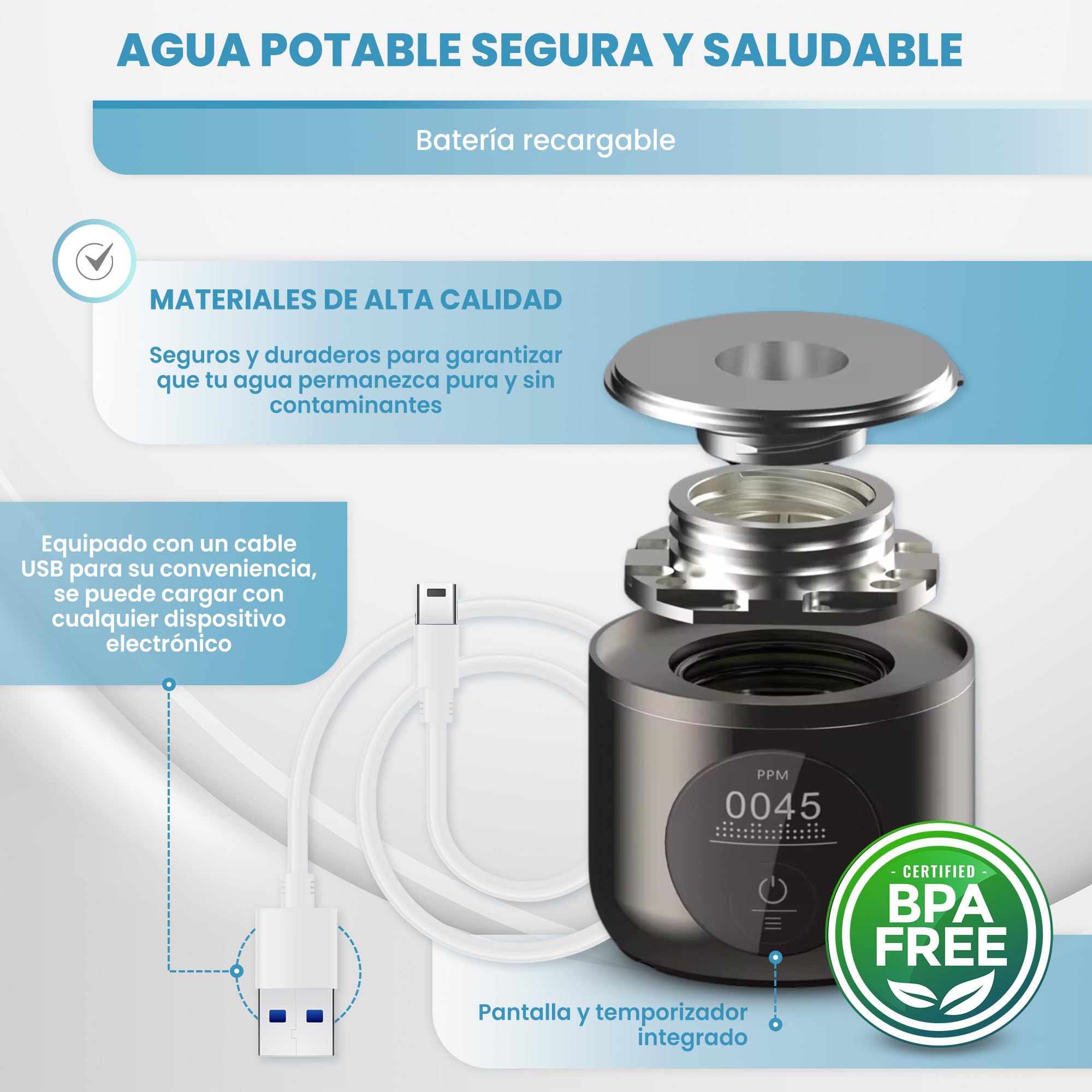 Arcanix Botella Agua Hidrogenada 280ml – Hydrogen Water Bottle, Maquina Hidrogenadora de Agua para Casa con Ionizador, Filtro y Osmotizador, Botella de Hidrogeno Molecular con Hidrogenador de Agua
