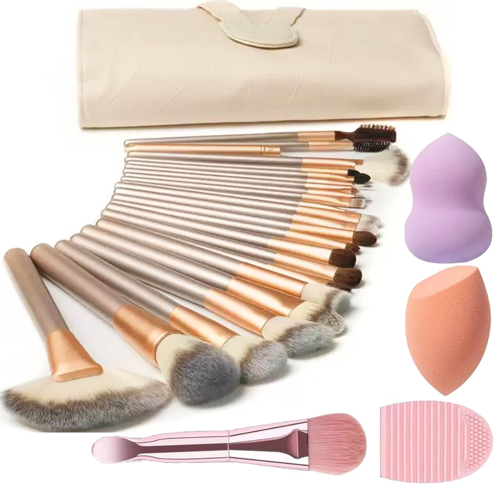 Makeup Brush Sets, NEVSETPO 28PCS Synthetic Make Up Brushes Include 24 Makeup Brushes 2 Sponges Beauty Blenders, 1 Dual End Masks Spatula, 1 Brush Egg Cleaner, Travel-Friendly Easy Clean Makeup Case