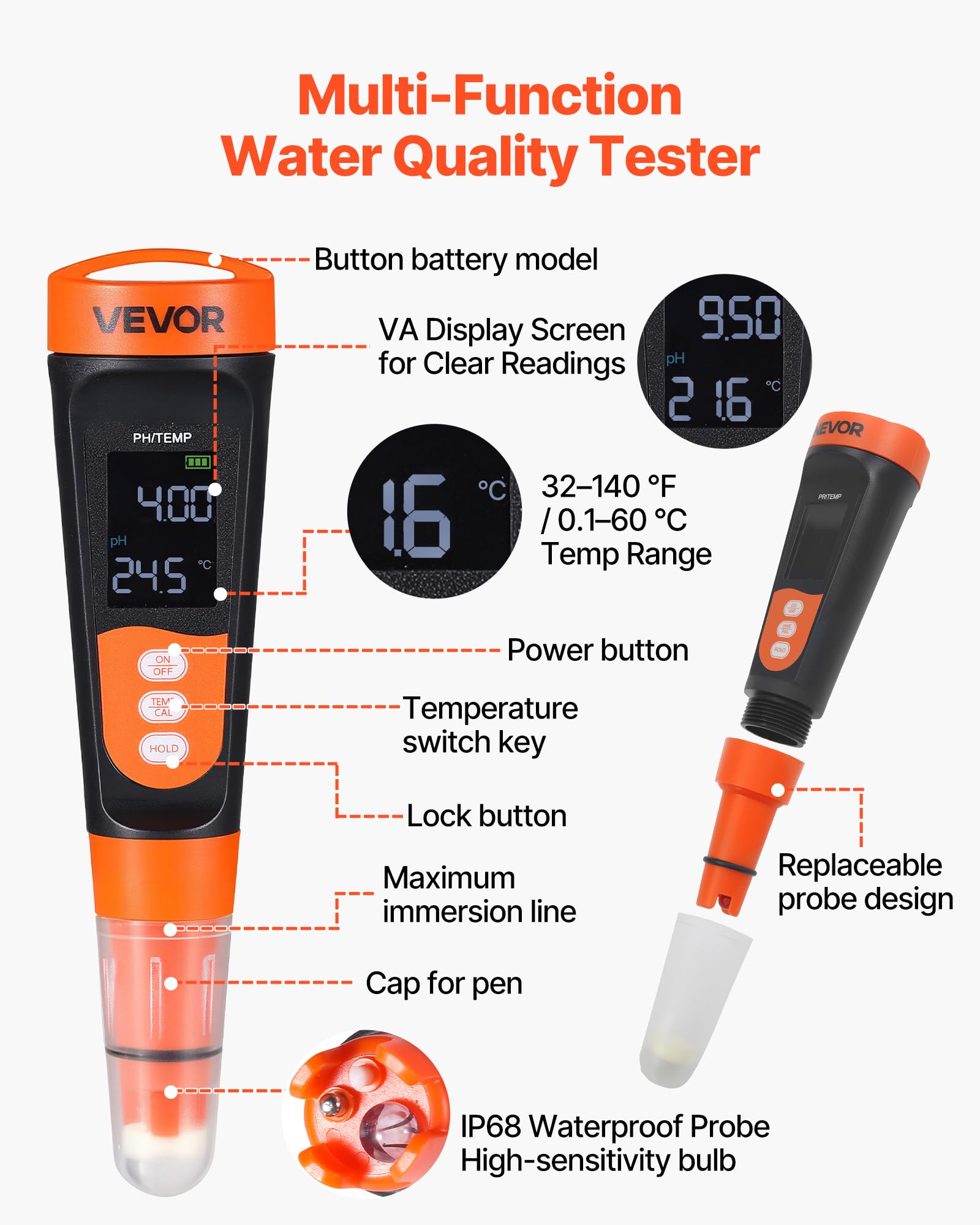 VEVOR pHmetro Portatile, Intervallo di pH 0-14, Sonda Impermeabile IP68, Kit Tascabile con Bustine di Polvere di Calibrazione, Display VA, per Test di Acidità Acqua Potabile Idroponica e Acquario