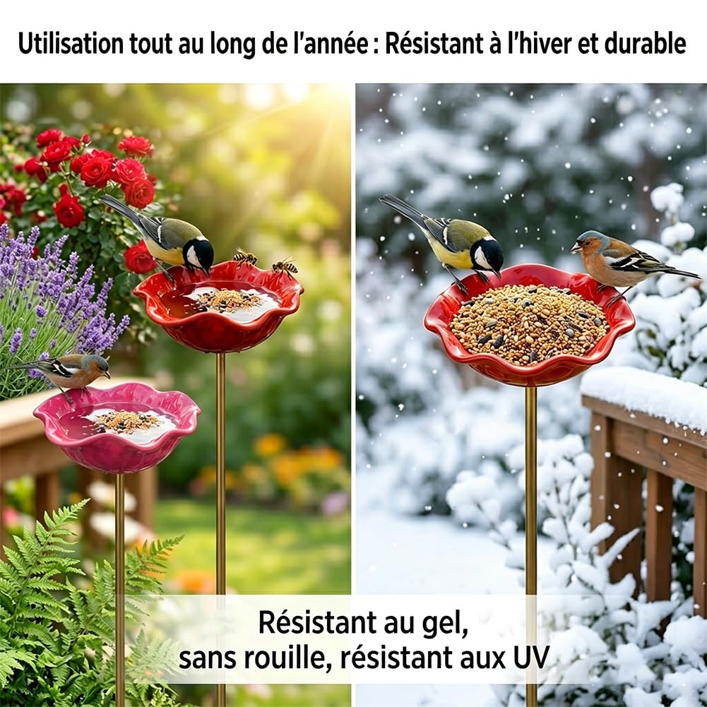 Bain d'Oiseaux Exterieur sur Pied Artisanal Fleur Ceramique 2 en 1 Abreuvoir Abeilles Mangeoire Oiseaux Jardin Rose