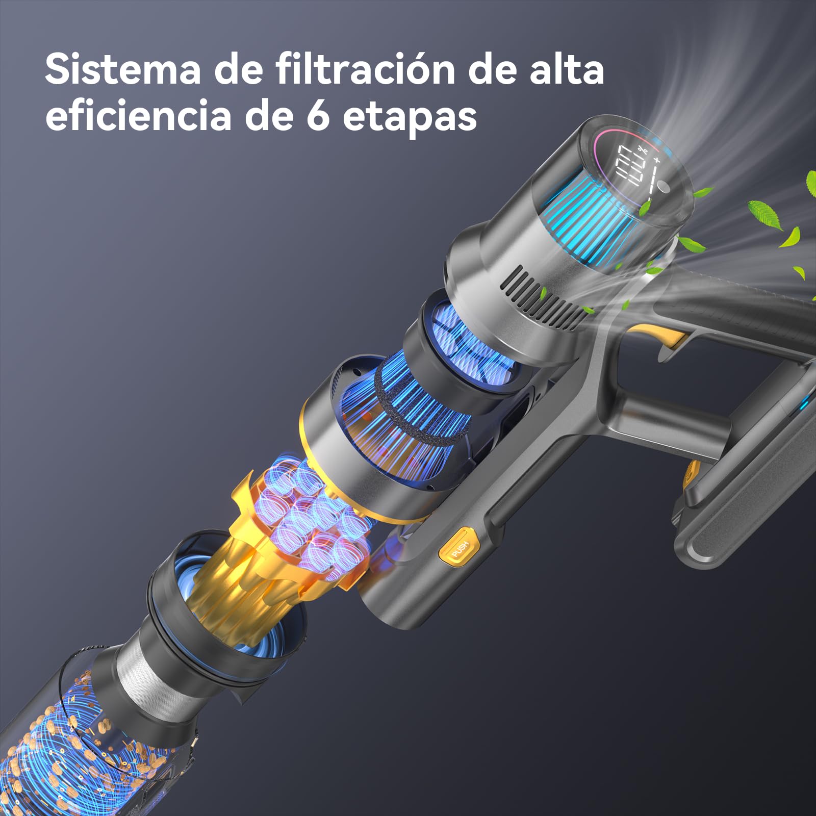 Aspiradora sin Cable 55KPA/580W/75Mins, Escoba Aspirador sin Cable Potente con Pantalla Táctil LED, Aspirador Vertical con 6 Etapas de Filtración y Autocargable para Hogar y Mascotas