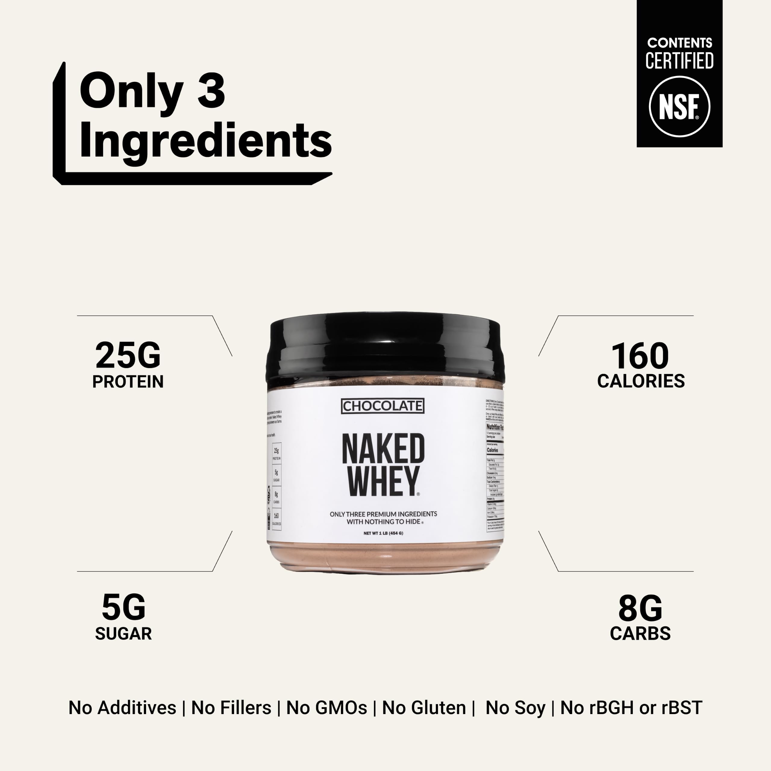 NAKED Chocolate Whey 1LB - All Natural Grass Fed Whey Protein Powder, Organic Cacao, and Coconut Sugar - NSF Certified, No GMO, No Soy, and Gluten Free, Aid Growth and Recovery - 12 Servings — Amazon image 3