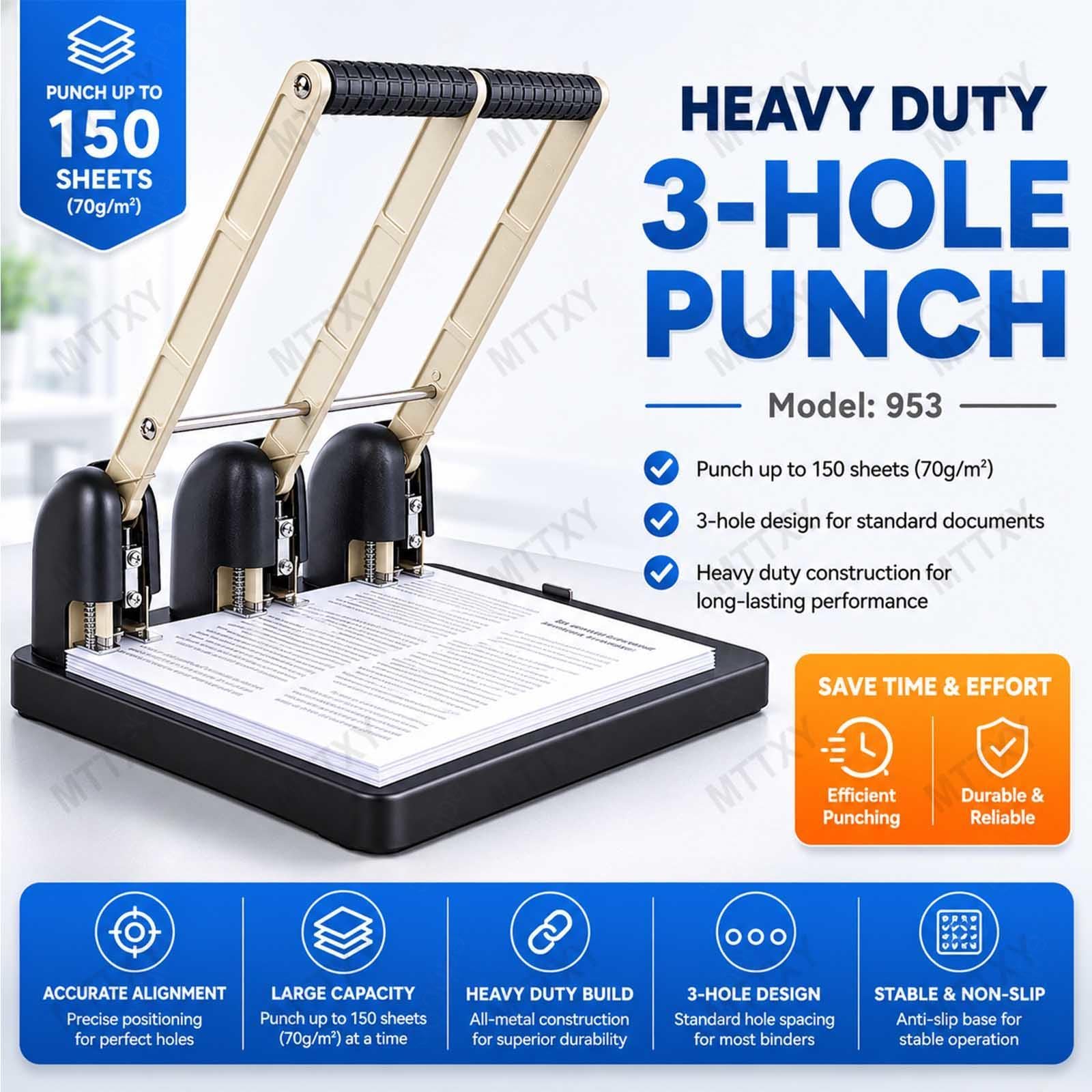 Perforatrice a 3 fori resistente, Capacità 150 fogli, Perforatore da ufficio ad alte prestazioni, Guida regolabile, Struttura in metallo per rilegatura documenti, Nero