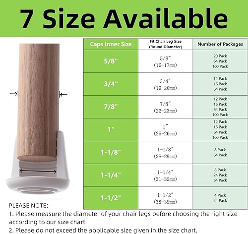 Miniatura 3 de Furnigear Tapas para patas de silla, puntas de goma antideslizantes de 1-12 pulgadas de diámetro interior, protectores de suelo para patas de silla,