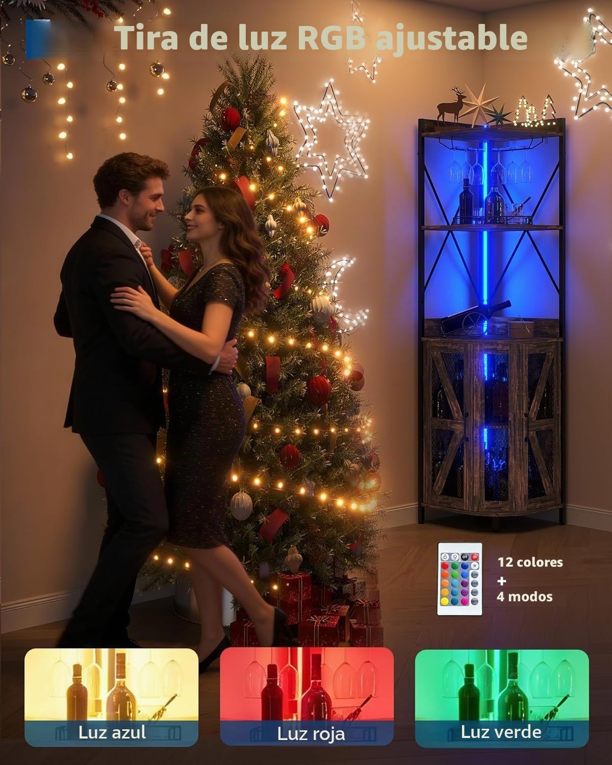Zstar Armario De Vino Esquinero con Iluminación RGB, Estantes Ajustables y Portavasos, Almacenamiento para 12 Botellas, Diseño Multifuncional De Metal y Madera, Ideal para Hogar y Bar