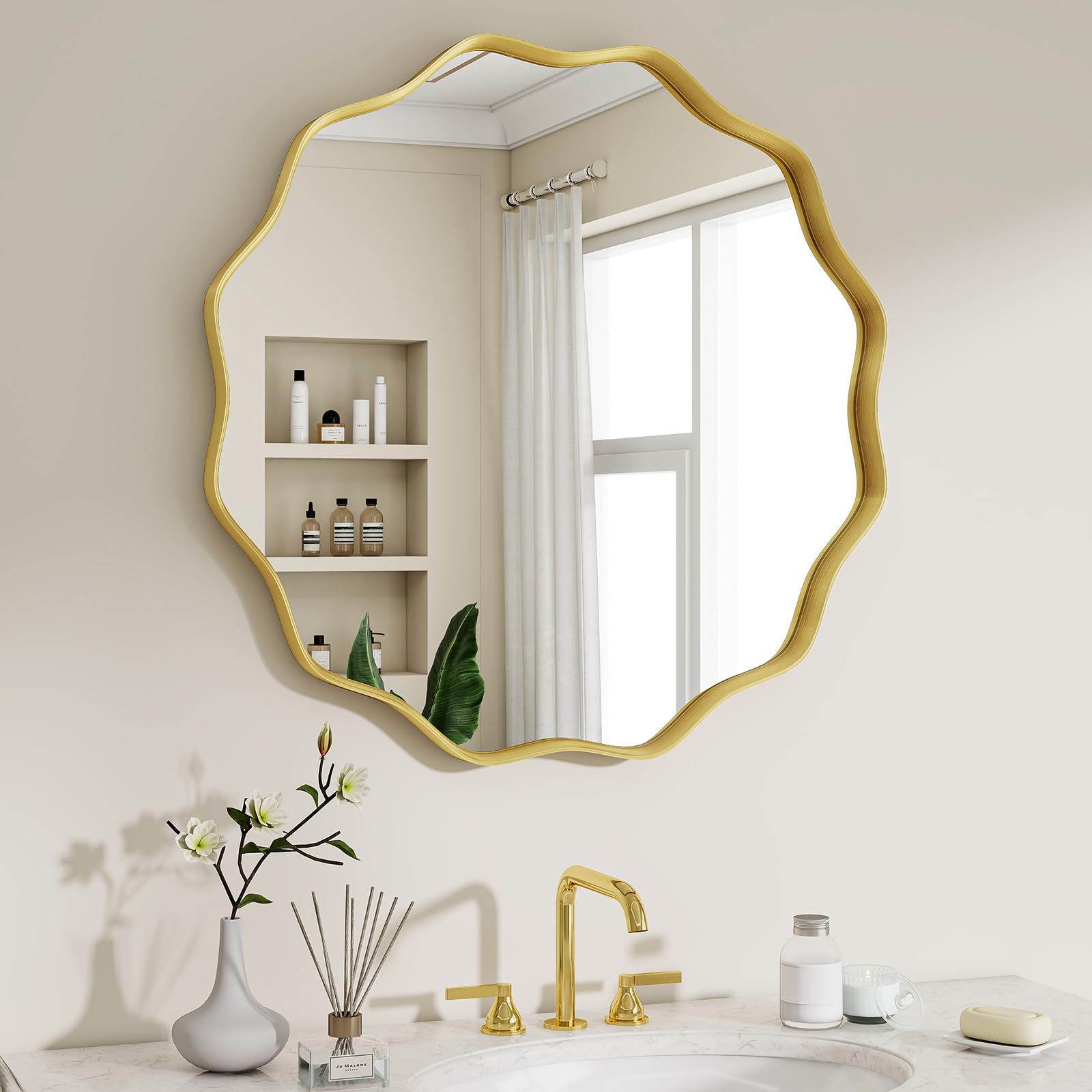 BEAUTYPEAK Round Mirror 50 cm, Wall Mirror with Wavy Edge, Aluminium Frame, Round Mirror for Hanging and Leaning, Round Wall Mirror for Bedroom, Bathroom, Hallway, Gold