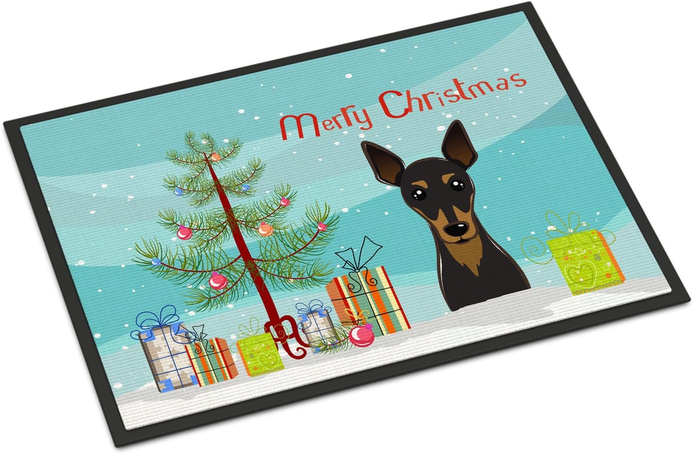 Caroline's Treasures BB1612MAT Christmas Tree and Min Pin Doormat 18x27 Front Door Mat Indoor Outdoor Rugs for Entryway, Non Slip Washable Low Pile, 18H X 27W