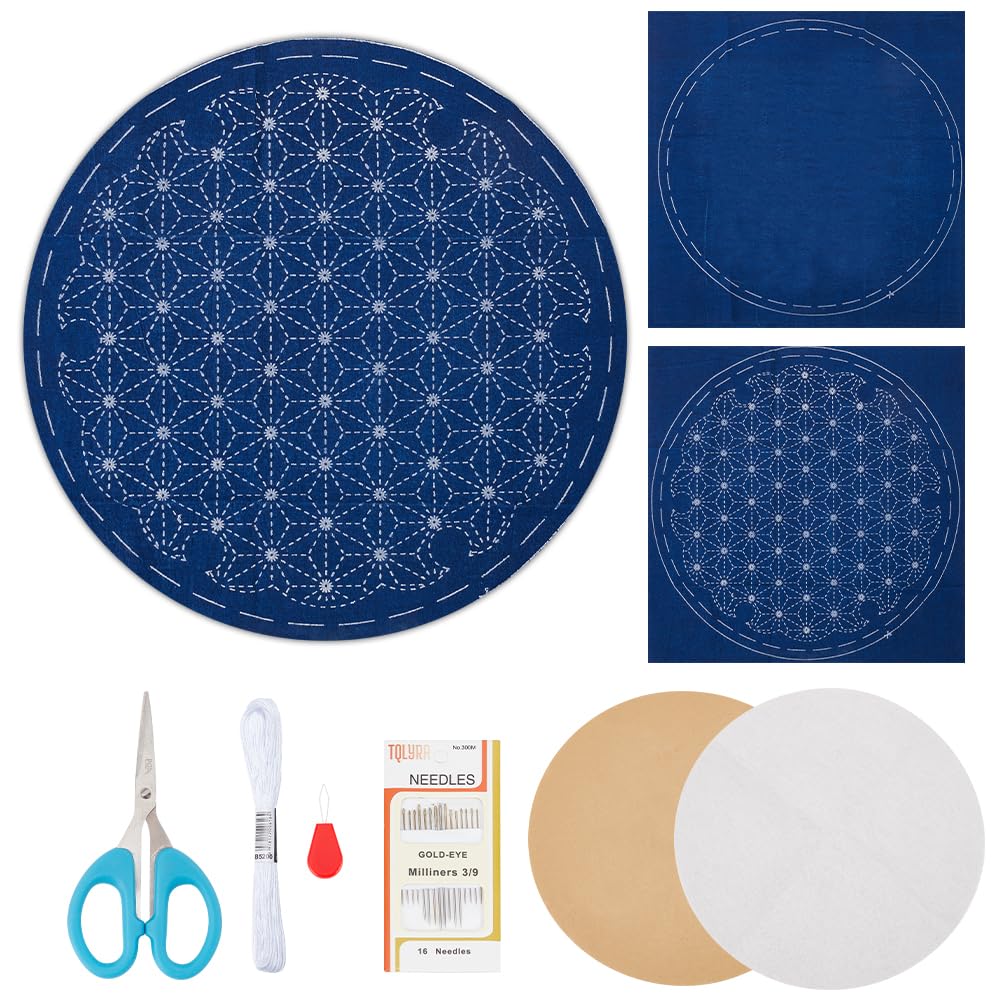 FREEBLOSS Kit Tapis à Thé Sashiko - Set Complet Avec Gabarit Pour Débutant, Broderie Japonaise Traditionnelle
