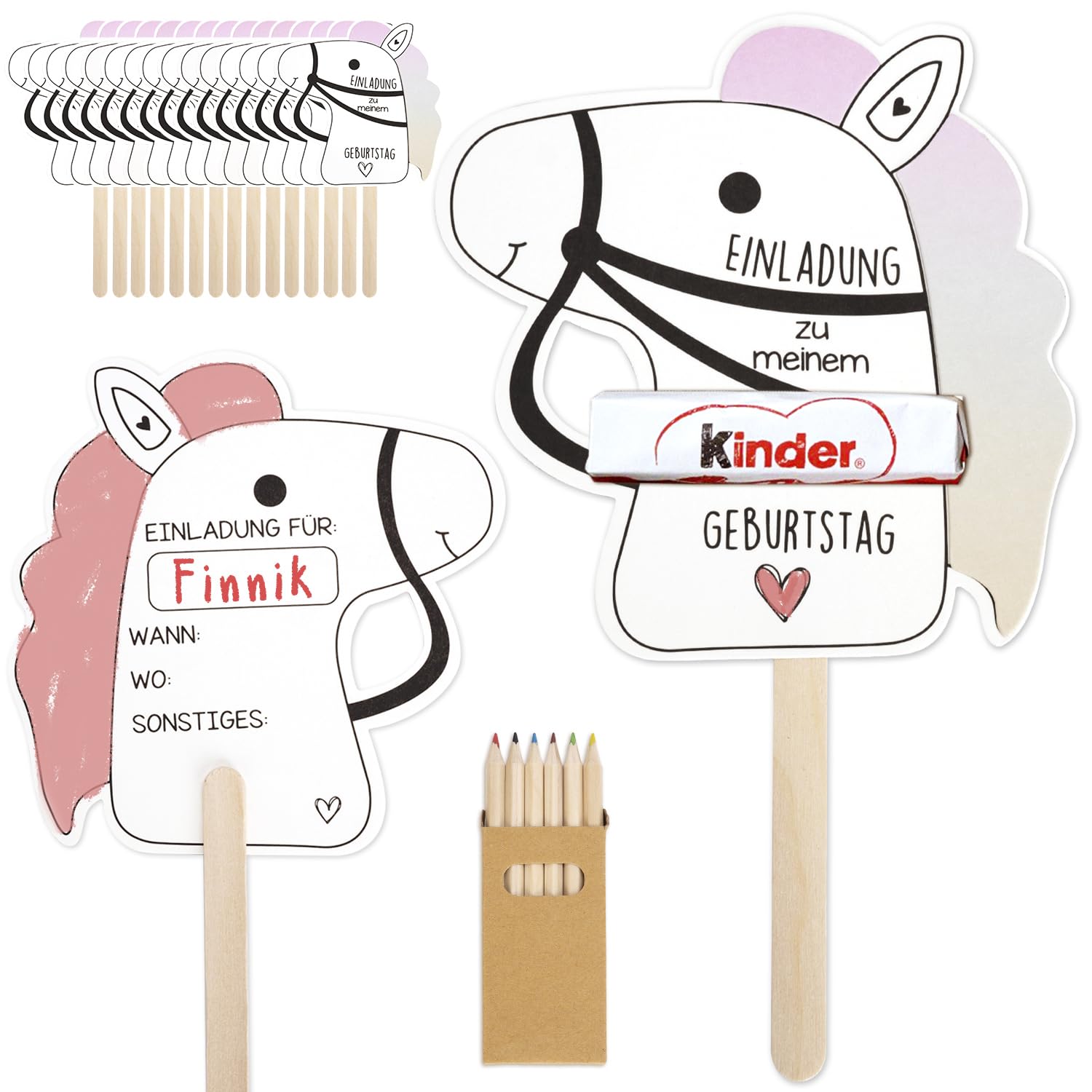 KKSJK Einladungskarten Kindergeburtstag, 15pcs Einladung Geburtstag Kraftpapier mit Buntstifte, Geburtstagseinladungen Kinder Bastelset, Partyeinladungen für Jungen Mädchen (Pferde)