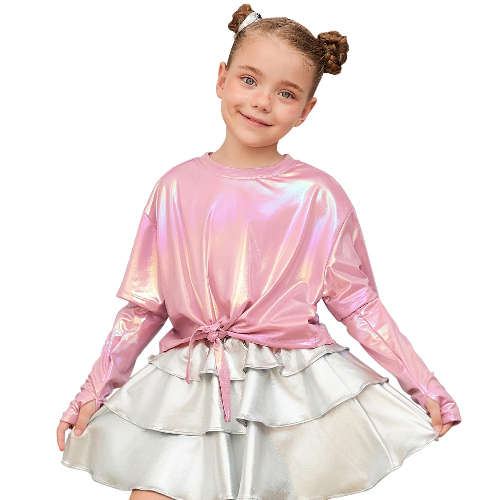 Perfashion Girls Metallic Shirts Shiny Tie Front Knot Crop Top with Arm Sleeves for Dancing Raves Festivals 4-15 Years