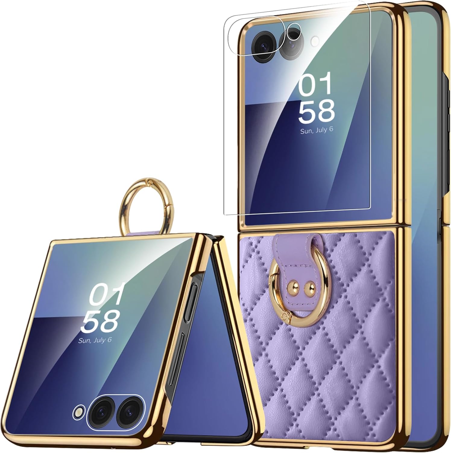 Miimall for Samsung Z Flip 7 Case with Ring & Screen Protector, Shock Proof Dust Proof Non-Slip Dropproof Lightweight Hard Women Rugged Full Body Cell Phone Case for Galaxy Flip 7 2025 Cover, Purple