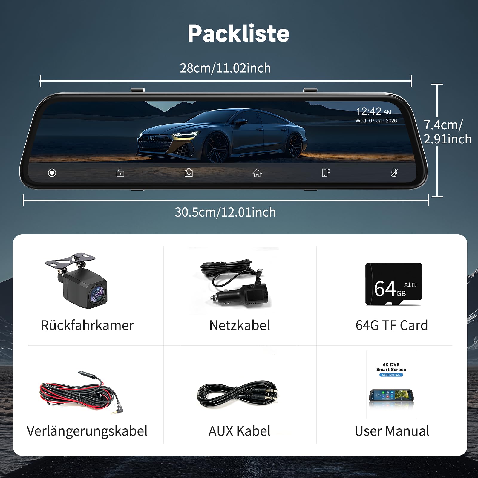 12,5 Zoll 4K Rückfahrkamera Spiegel mit Wireless CarPlay Android Auto Dashcam Einparkhilfe Navigation Bluetooth Mirror Link WDR AUX 64G SD-Karte