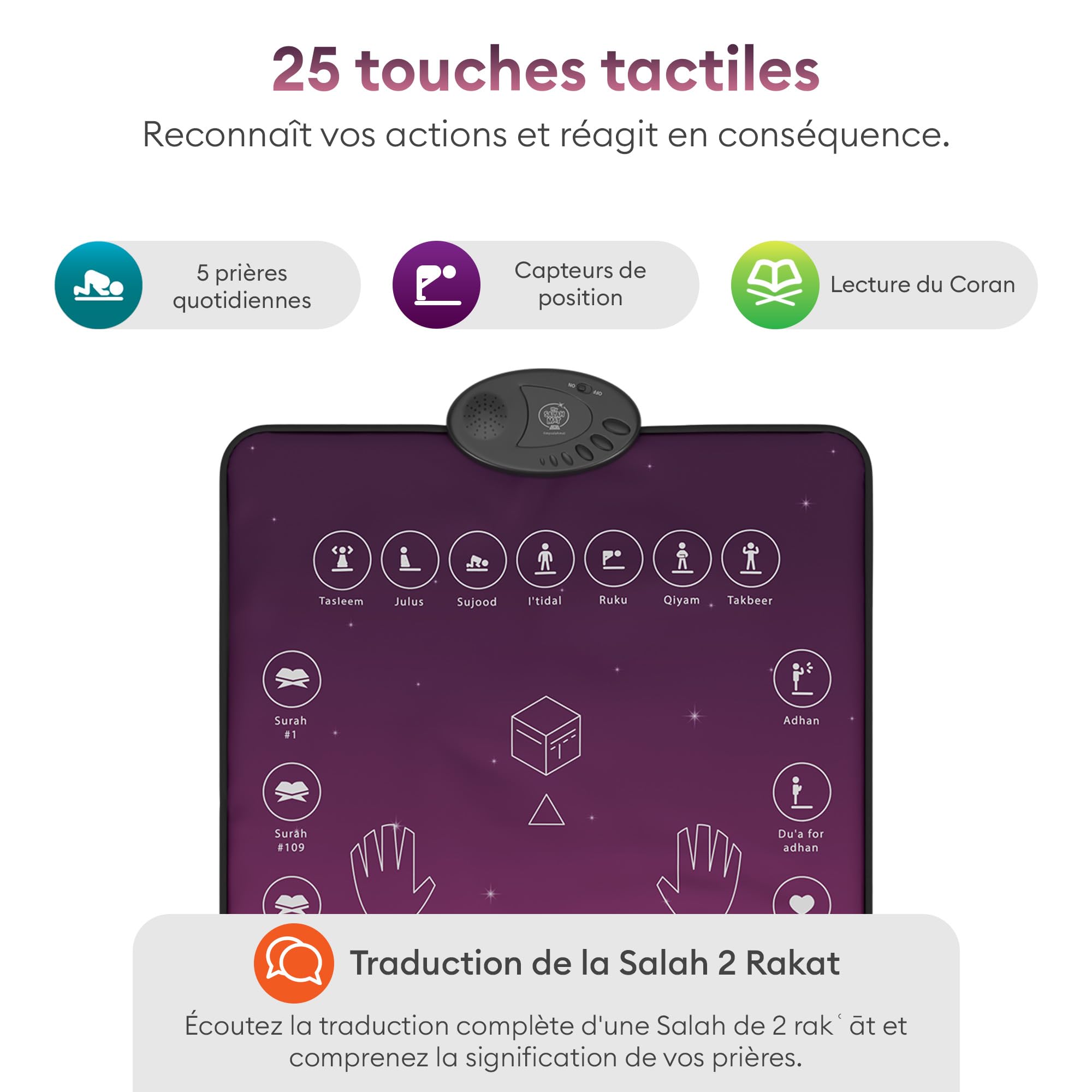 My Salah Mat Adultes – Tapis de Prière Intelligent Rose pour Apprendre Surates Salah Duas – Tapis Musulman avec 25 Touches Haut-Parleur Coran Arabe Français – Dès 8 Ans