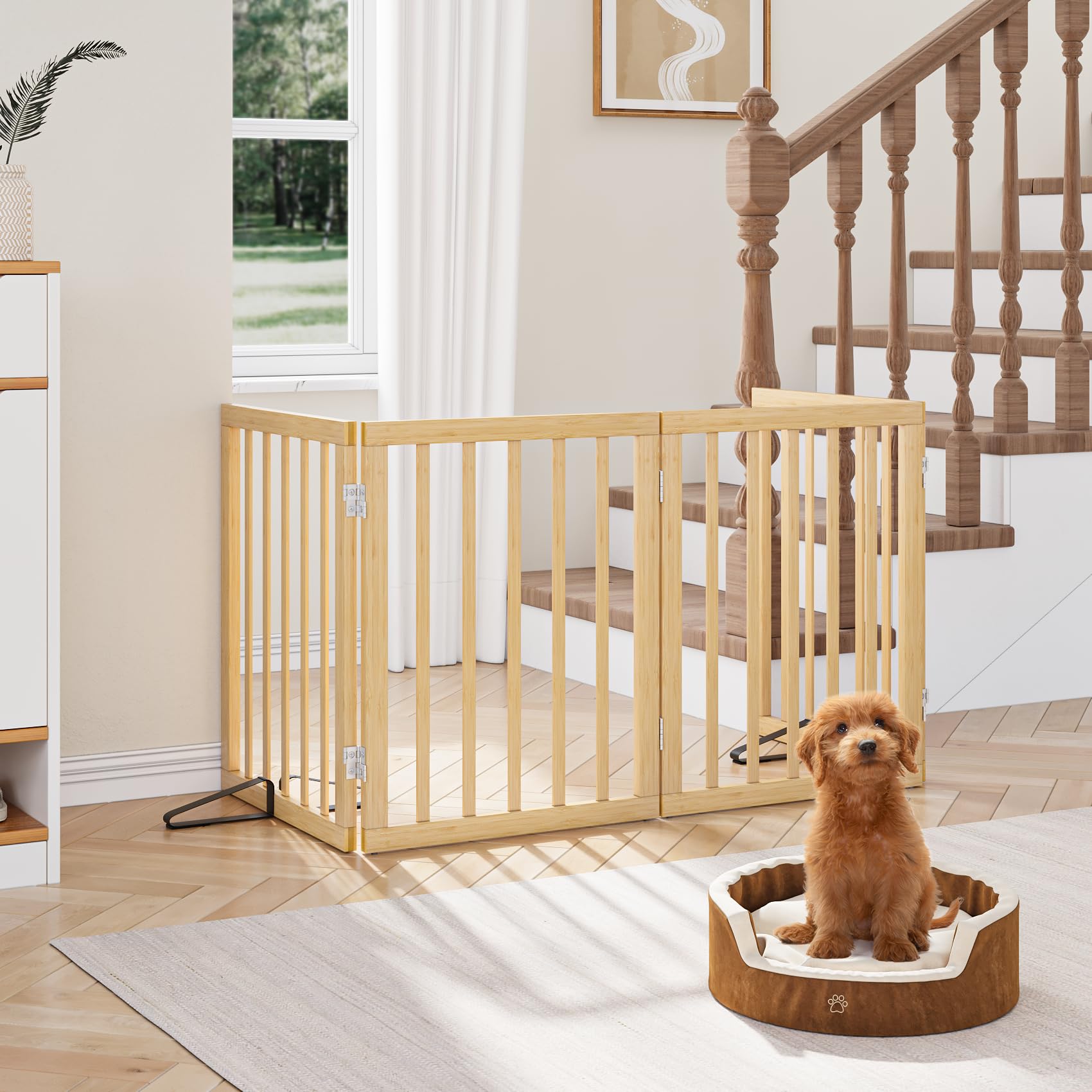 Semiocthome Freestanding Dog Gates and Barriers Indoor, Pet Gates for Doorways and Stairs, 60cm (H) - 4 Panels Puppy Gate with 2 Metals Stands, Adjustable Safety Fence Fit Up to 188cm - Natural — view 2