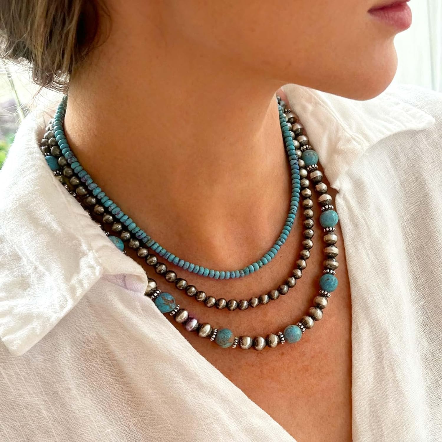 Navajo Pearl Necklace Western Jewelry for Women Navajo Pearls Earrings Boho Beaded Turquoise Necklace Vintage Jewelry Layered Necklaces Country Concert Outfits for Women - Image 8