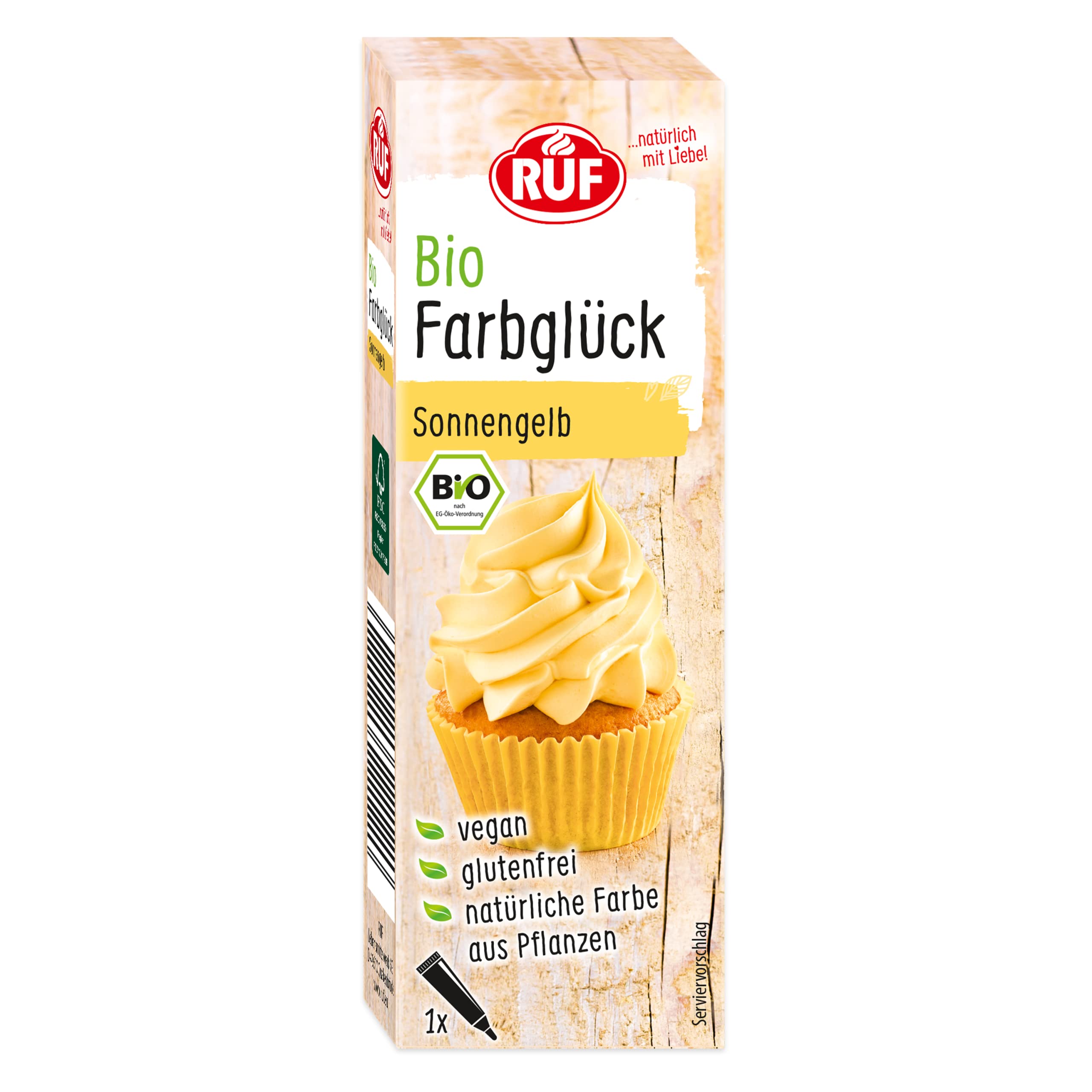 RUF Bio Lebensmittelfarbe Sonnen-Gelb, mit Agavendicksaft zum Einfärben von Zucker-Glasuren & für ausgefallene Torten, glutenfrei & vegan, 1 x 25g