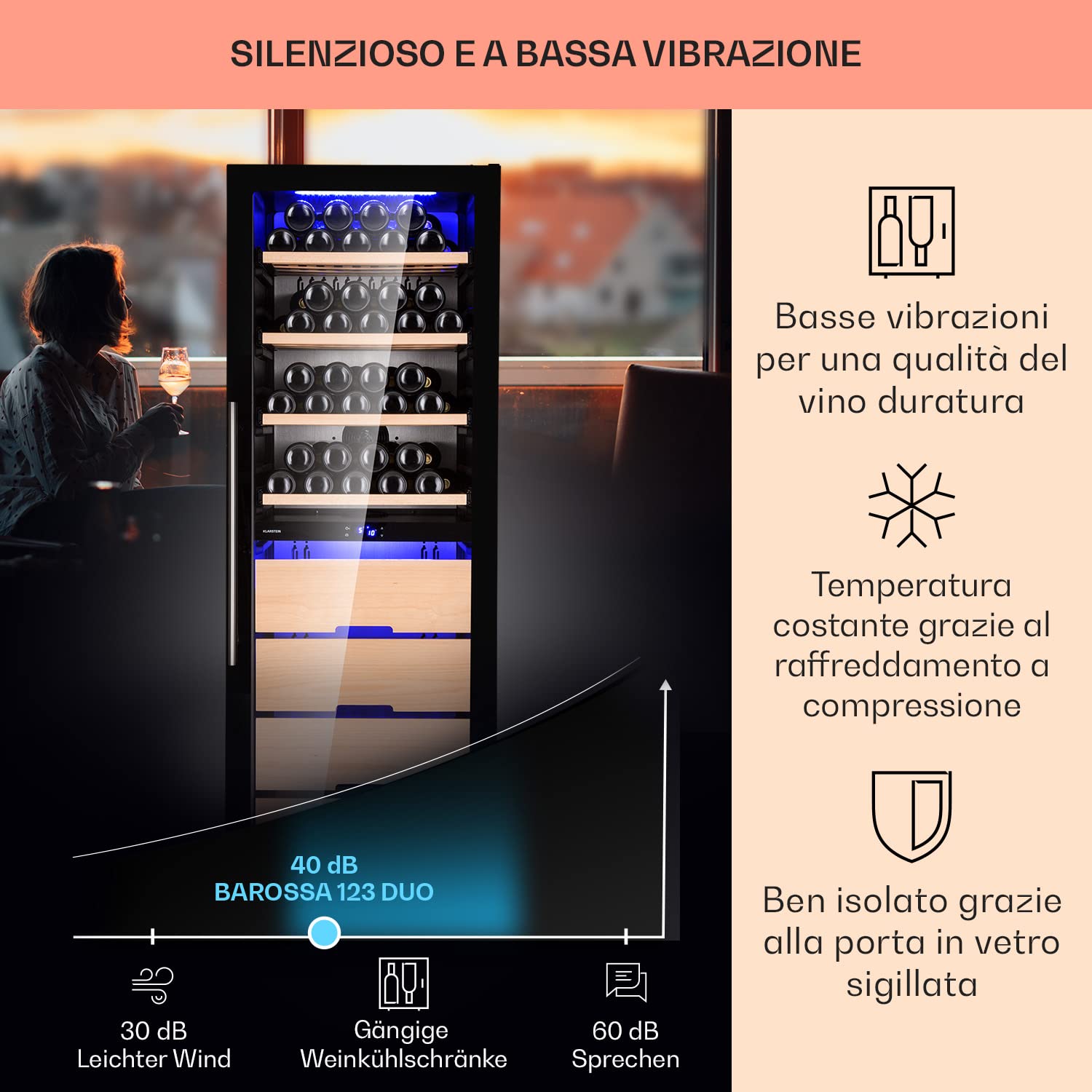 KLARSTEIN Cantinetta Vino, Cantinetta Vino Refrigerata a Zona Doppia per Interno/Esterni, Frigo Bar, Cantina Vino con Vetrina, Mini Bar con Protezione UV, Frigo Vino Touch, 5-18°C, 123 Bottiglie