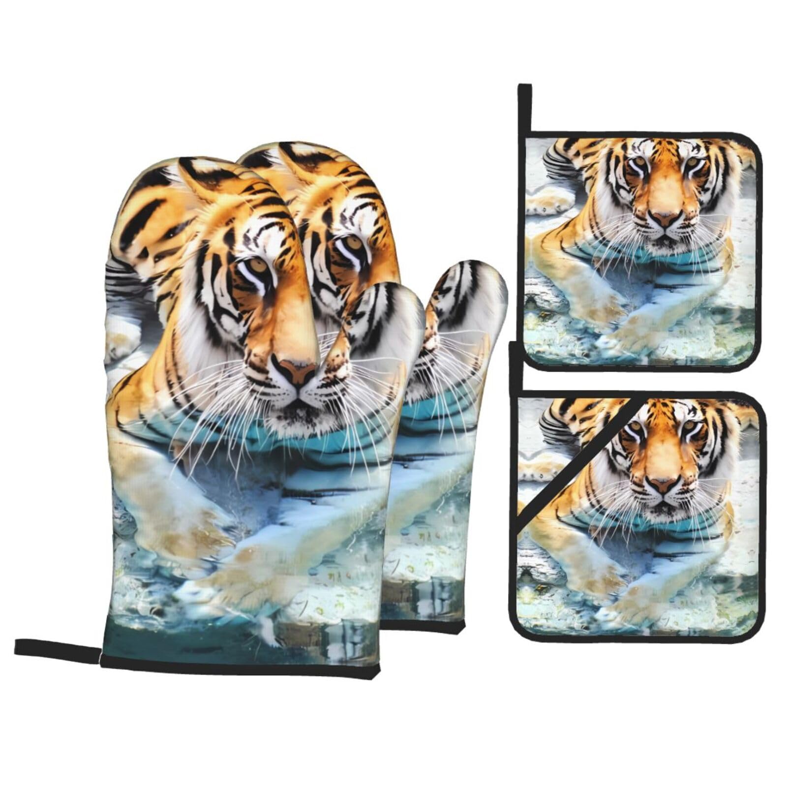 HJFCZH Cool tiger Prints Kitchen Covers: Waterproof Oven Layers for Safe Cooking & Easy Cleanup - 4 Piece Heat Protection Set