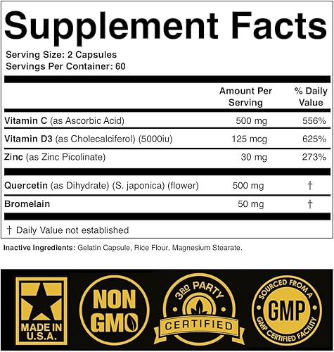 Miniatura 2 de Quercetina de zinc 500 mg con vitamina C Vitamina D3 Bromelina Apoyo Inmunológico Suplemento de Quercetina Zinc de Alta Potencia ZQV (paquete de 1