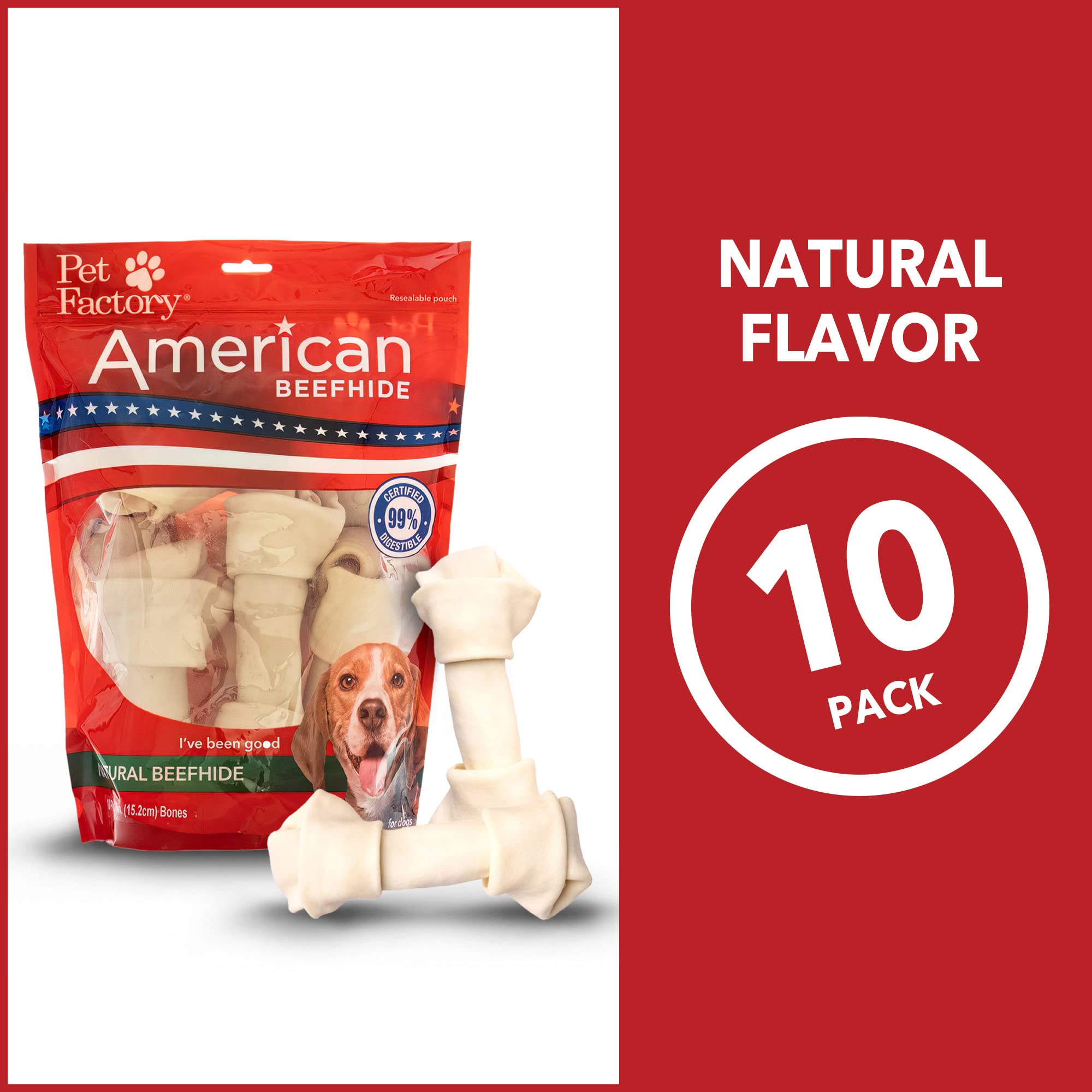 Pet Factory American Beefhide - Juego de 10 golosinas para Masticar para Perros, Huesos anudados, Sabor Natural, 15,2 a 17,8 cm