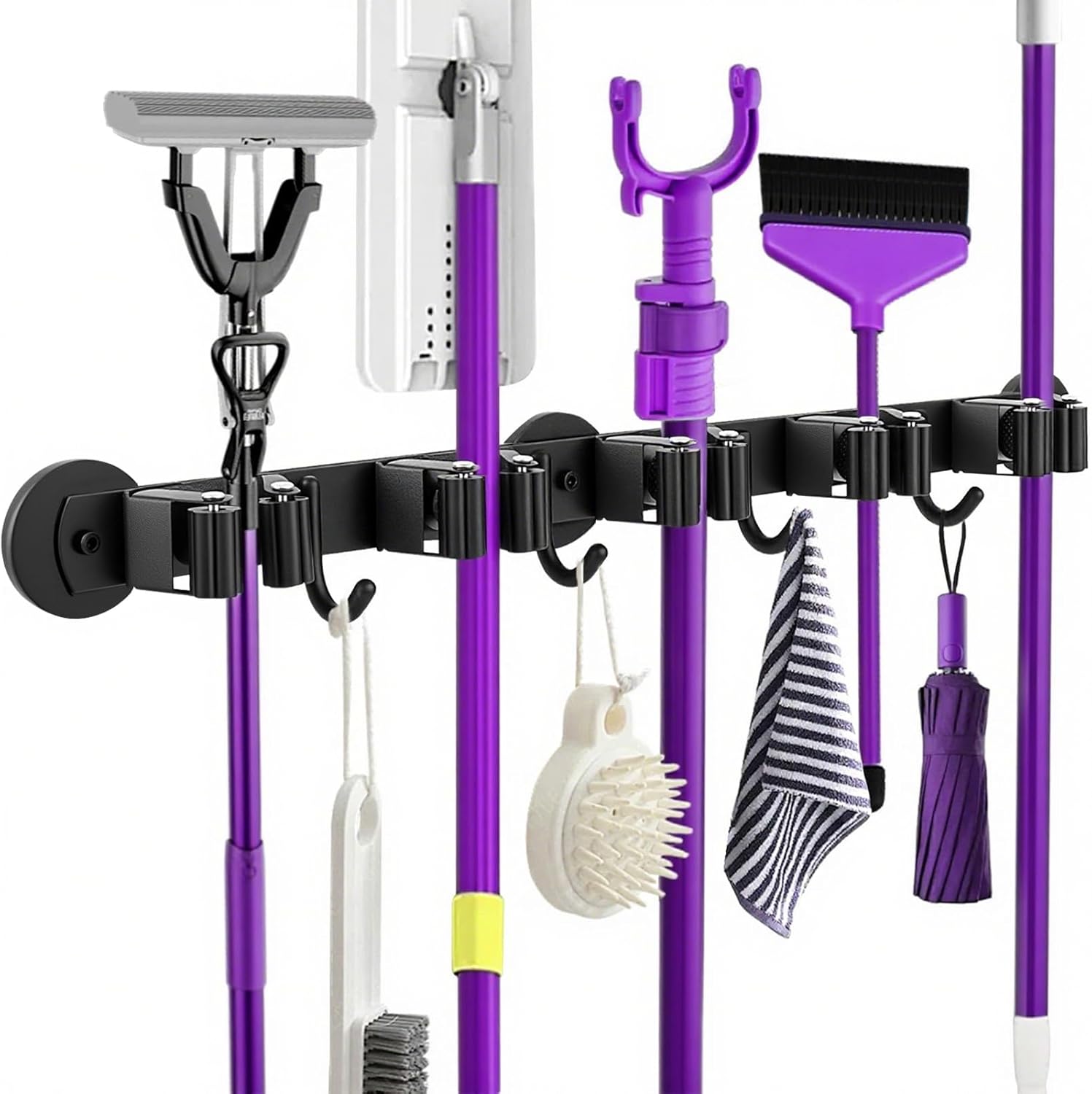 Magnetic Broom Holder Wall Mount - Heavy Duty Non-Slip Mop Hanger with 4 Hooks And 5 Rack, No Drill Tool Organizer for Refrigerator,Garage,Laundry Room (Black, 5Racks 4Hooks)
