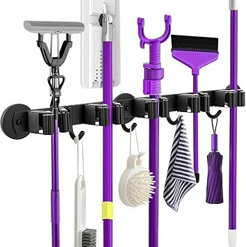 Magnetic Broom Holder Wall Mount - Heavy Duty Non-Slip Mop Hanger with 4 Hooks And 5 Rack, No Drill Tool Organizer for Refrigerator,Garage,Laundry Room Black, 5Racks 4Hooks