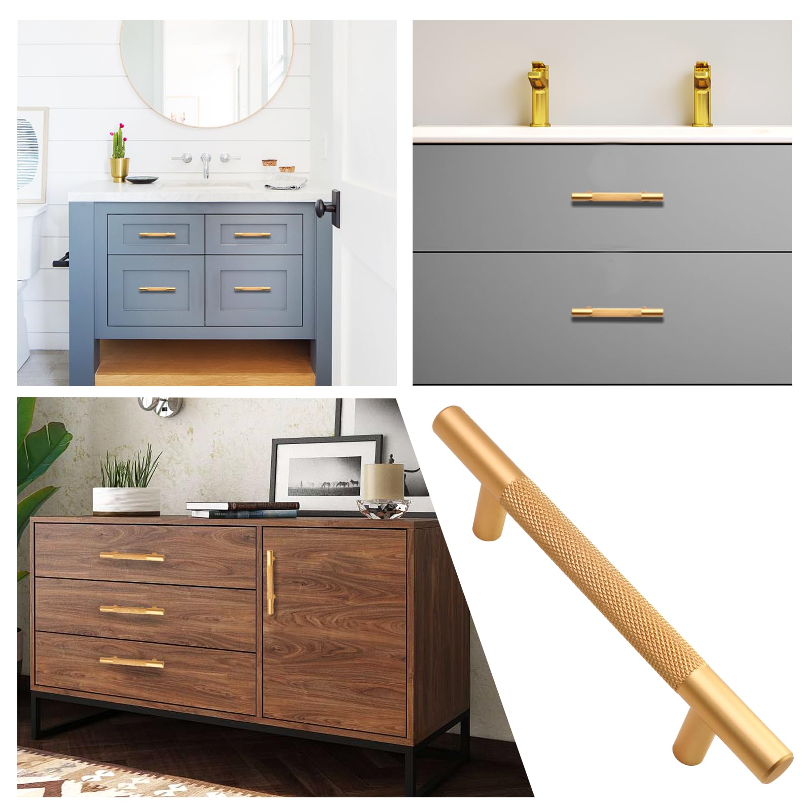 Cjueiom 6 Pack Gold T Bar Cupboard Handles, 96mm Hole Center, Wardrobe & Drawer Handles with Diamond Pattern, Kitchen Cabinet Pulls - Image 4