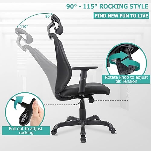 Miniatura 7 de STARY Silla de oficina ergonómica con reposacabezas y reposabrazos ajustables, silla de escritorio giratoria de malla con función de almacenamiento