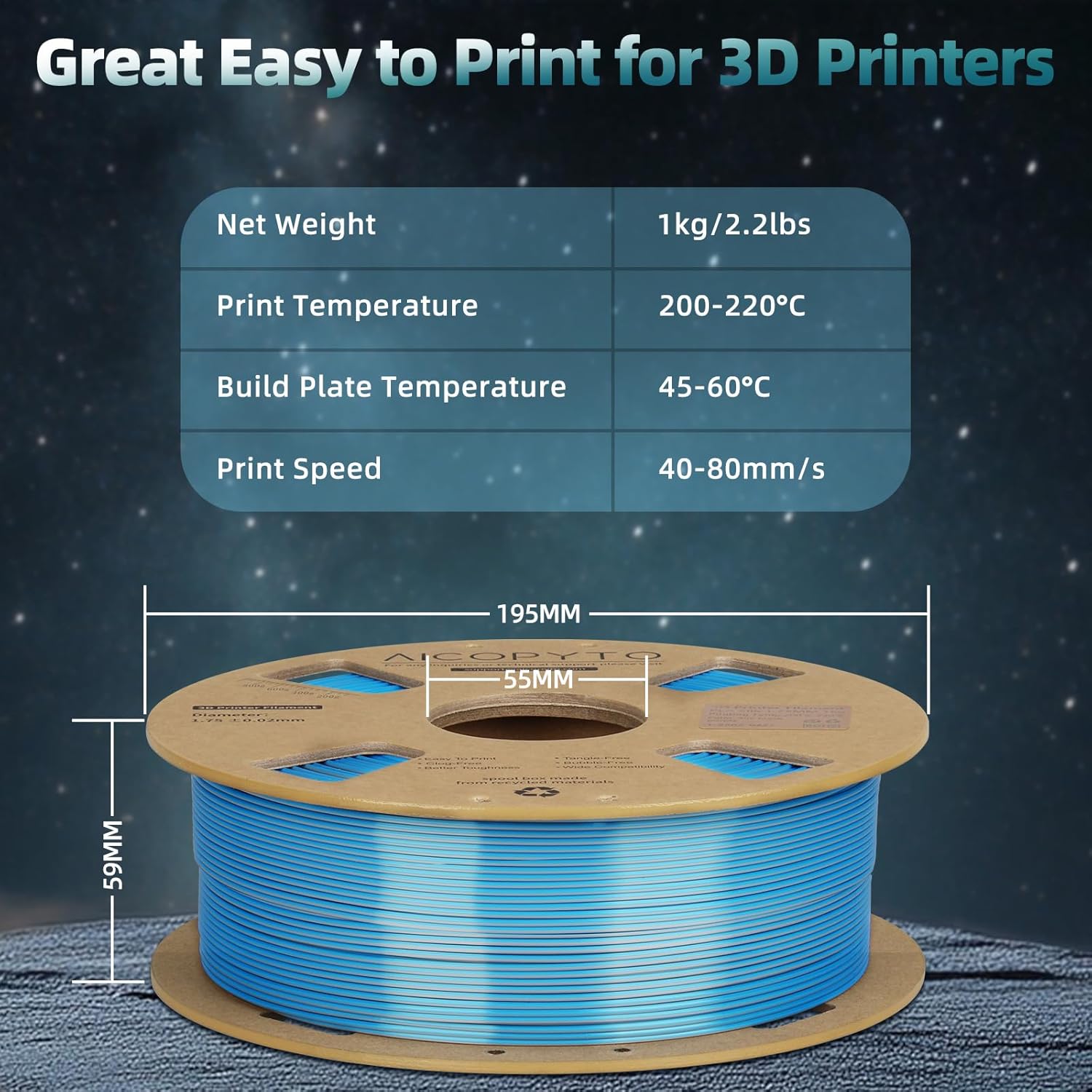 Dual Color Silk PLA 3D Printer Filament 1.75mm,Dual Color 2-in-1 Silver-Blue Silk Filament 1KG Spool (2.2lbs) Dimensional Accuracy Probability +/- 0.02mm Fit Most FDM 3D Printers, Blue-Silver - Image 3