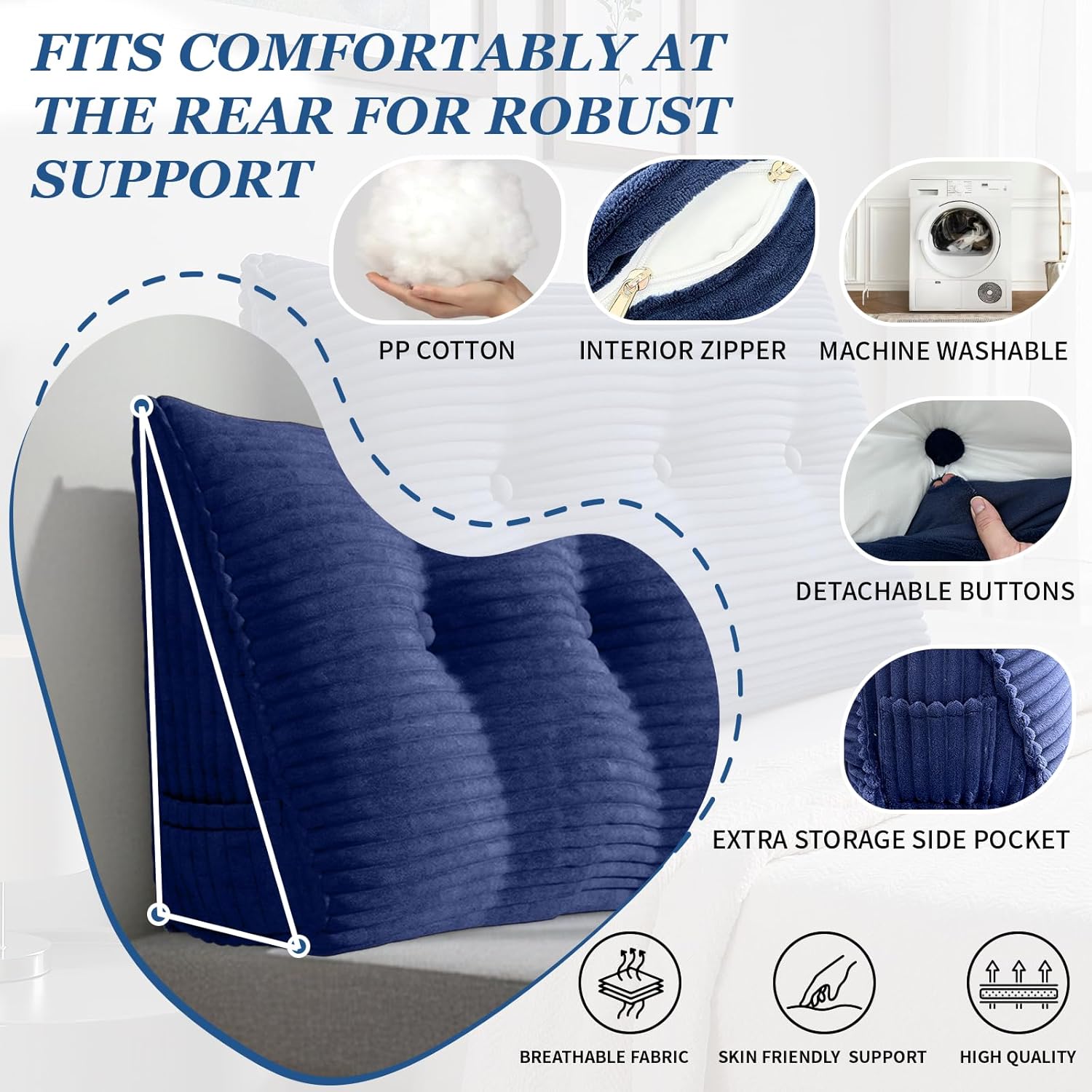 Headboard Pillow Twin Triangular Wedge Pillow for Headboard Bolster Pillow for Bed Sofa Daybed Pillow for Sitting Up Reading or Working with Removable Cover, Blue