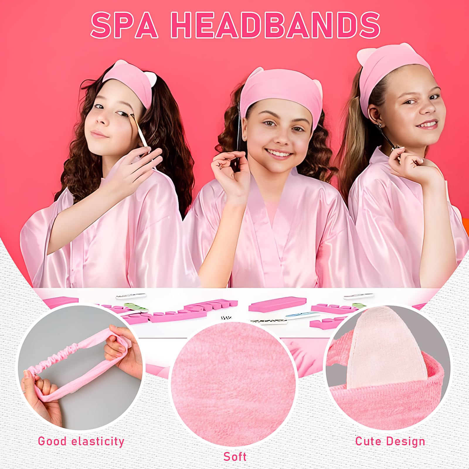 6-teiliges Spa-Partyzubehör für Mädchen, inklusive 6 Bademäntel, 6 Masken, 6 Stirnbänder, 6 faltbare Mini-Haarbürsten, 6 Tragetaschen und 12 Haargummis für rosa Übernachtungsparty, Hochzeit