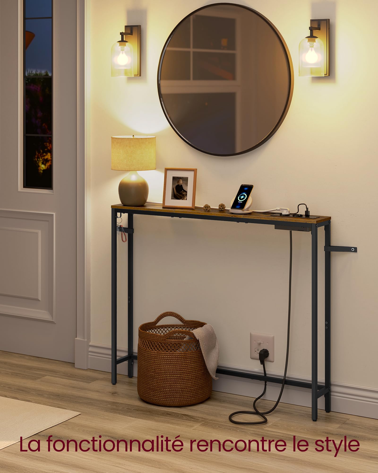 VASAGLE Table Console avec Multiprise, Bout de canapé, 15 x 100 x 80 cm, 1 Crochet, Montage Facile, pour Entrée, Salon, Marron Rustique et Noir d'encre LNT079K02
